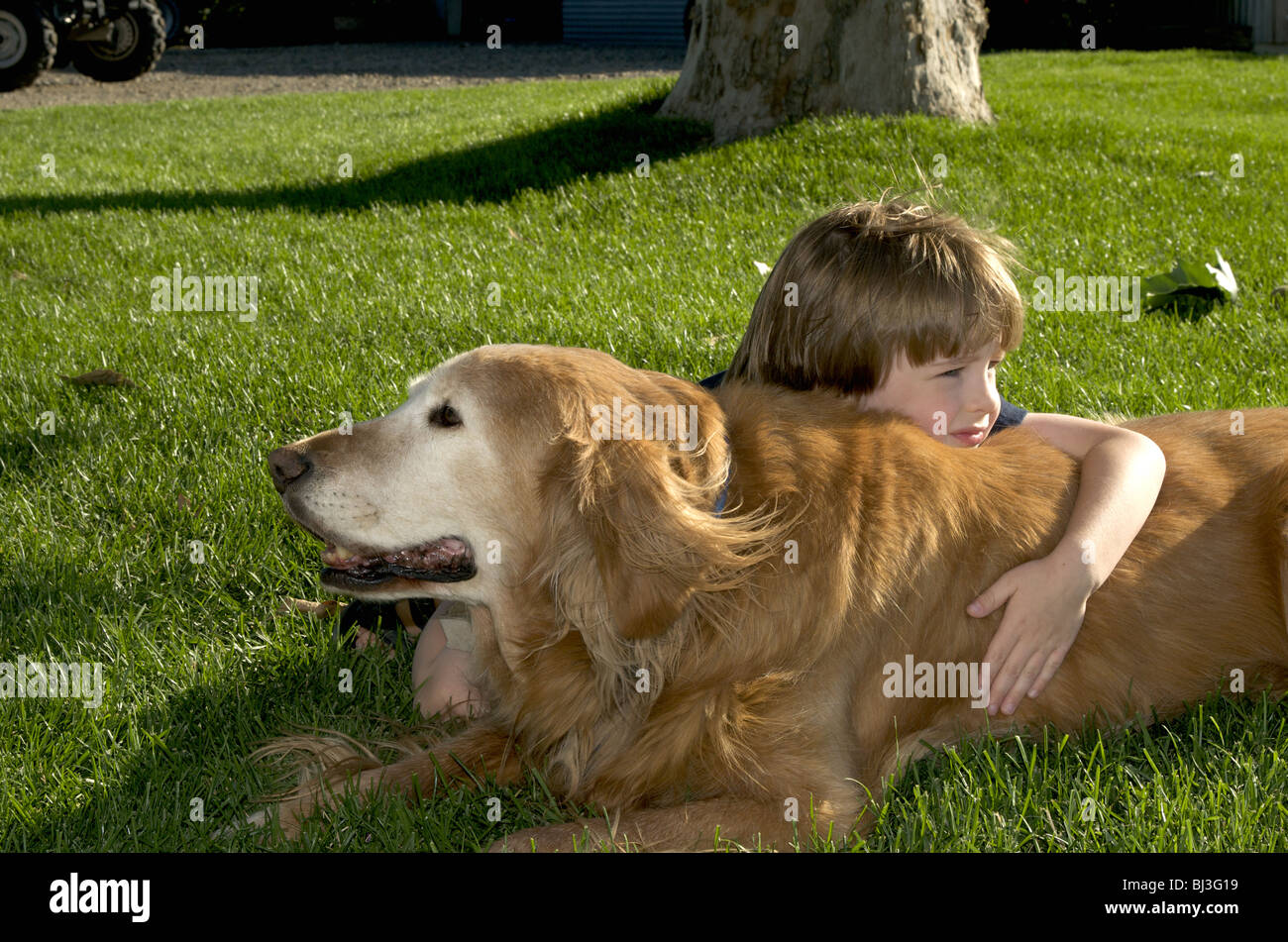 Boy rests on dog Stock Photo
