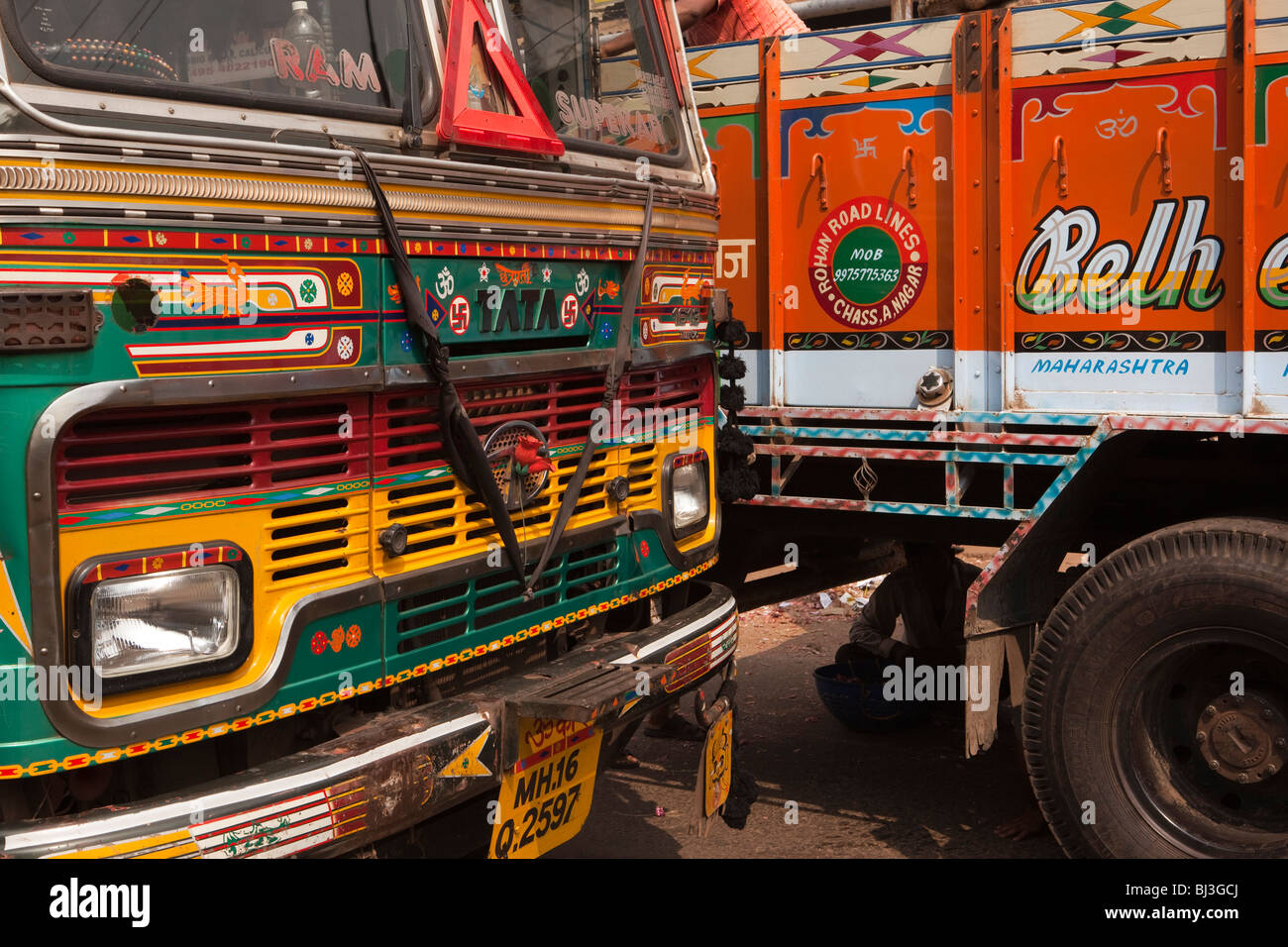 India, Kerala, Calicut, Kozhikode, Big Bazaar, decorated trucks Stock Photo