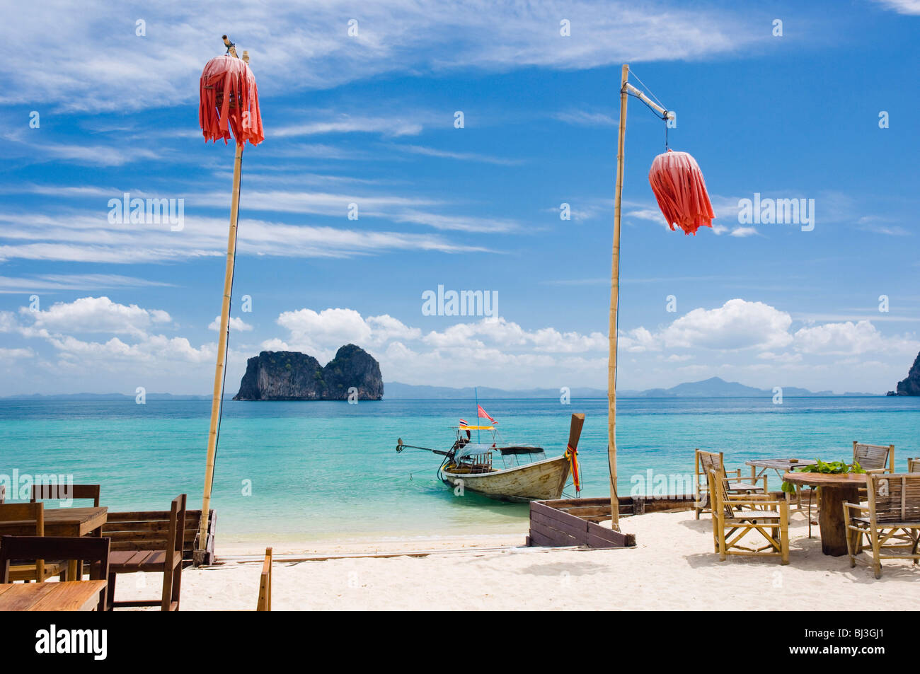 Tables and lanterns on the sandy beach, Mayalay Resort, Ko Hai or Koh Ngai island, Trang, Thailand, Asia Stock Photo