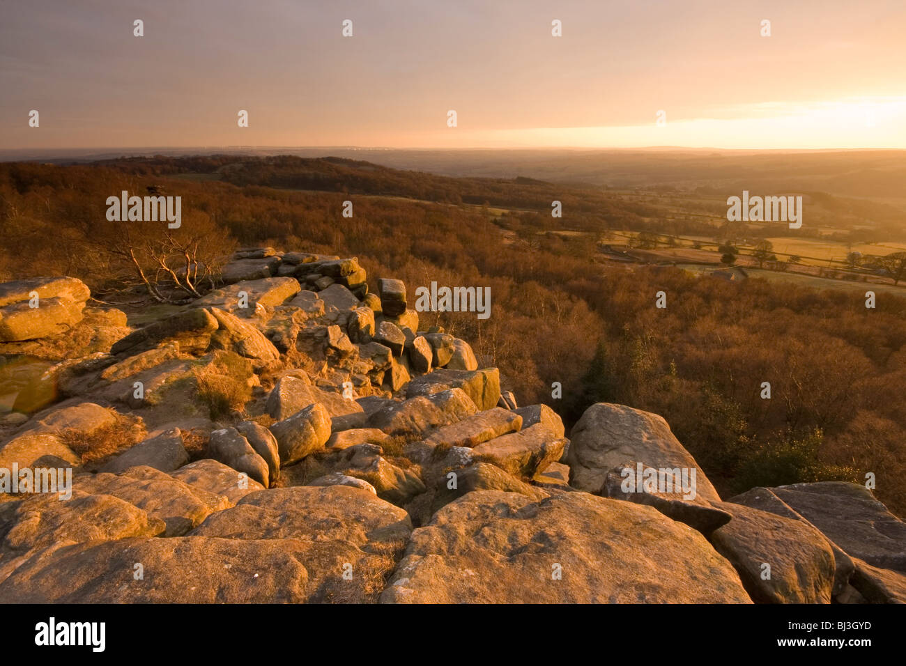 Sunset at Brimham Rocks in Nidderdale, North Yorkshire Stock Photo