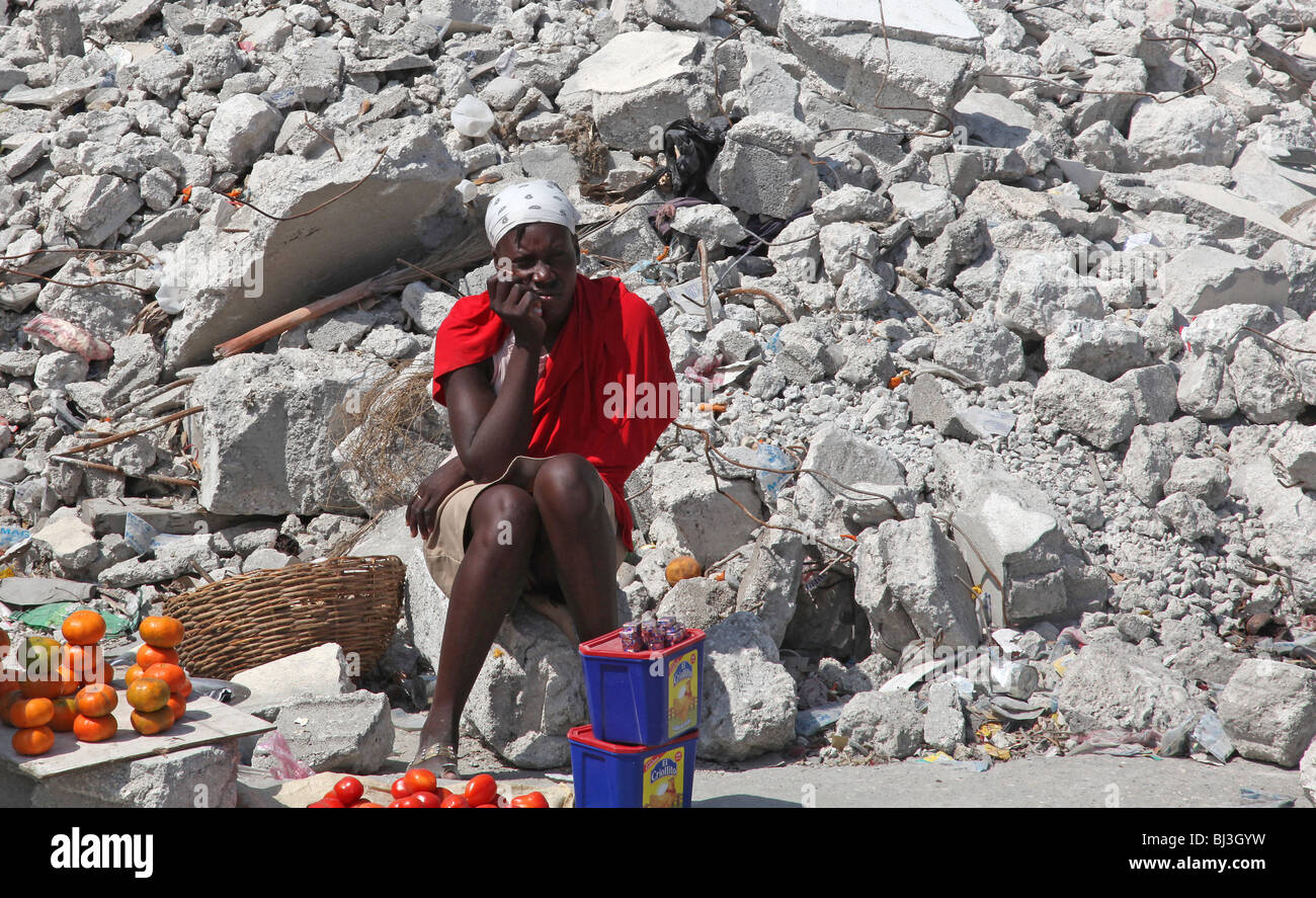 Woman selling vegetables in earthquake hit Port au Prince; Haiti Stock Photo