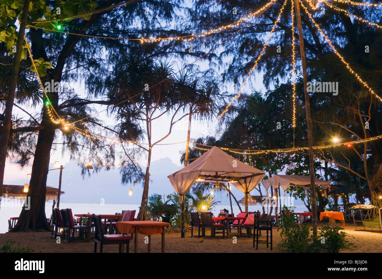 Beach restaurant at night, Sayang Resort, Long Beach or Phra Ae Beach, Ko Lanta or Koh Lanta island, Krabi, Thailand, Asia Stock Photo