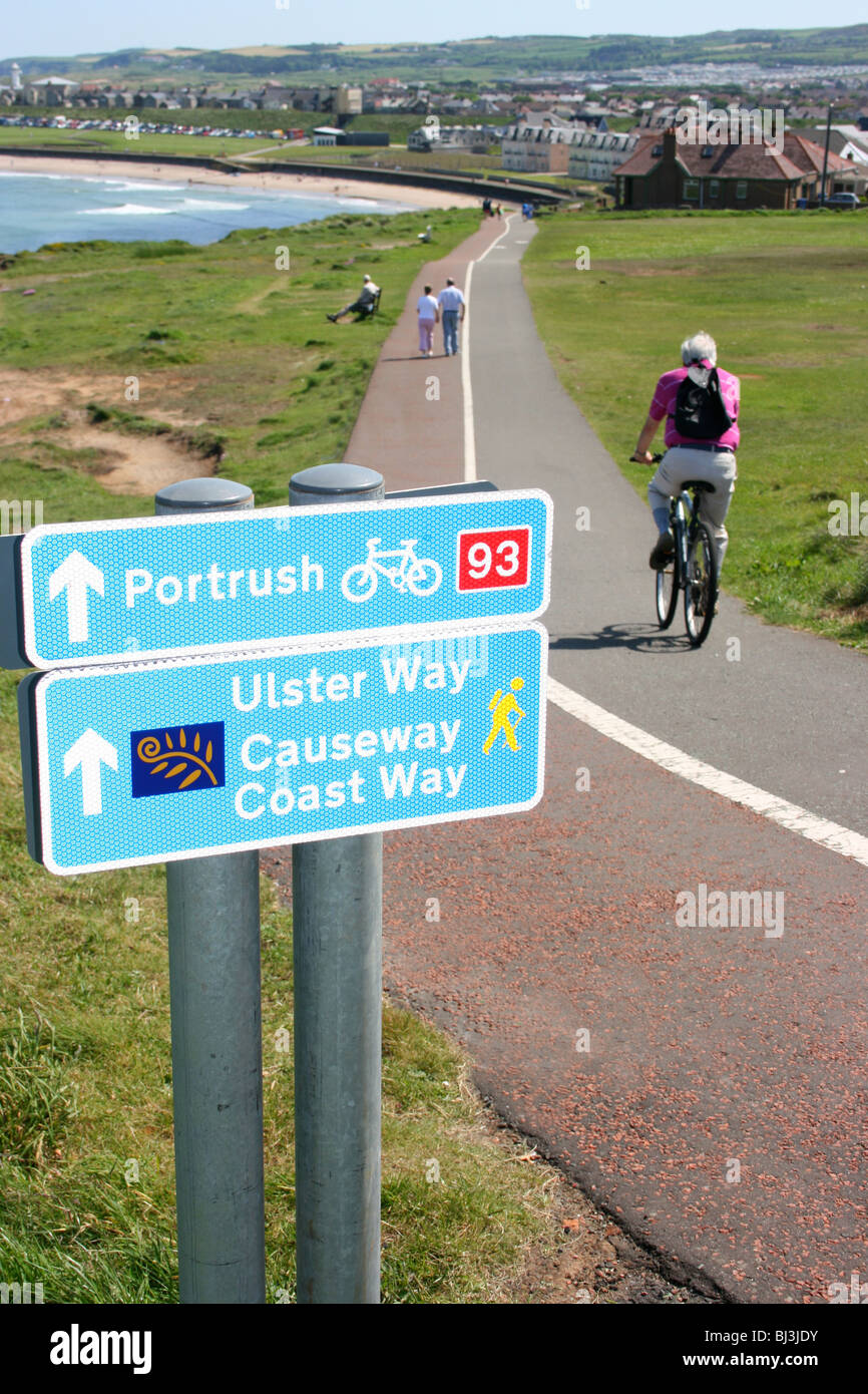 Cyclist on cycle route 93, Portrush, County Antrim, Northern Ireland Stock Photo