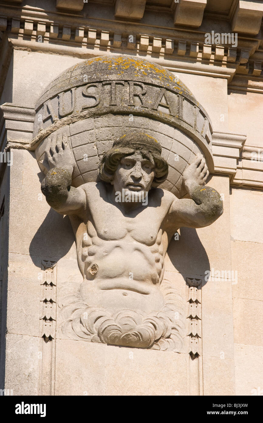Commonwealth House, Whiteladies Road, Bristol, England: Atlas holding up the world, with the word: AUSTRALIA. Stock Photo