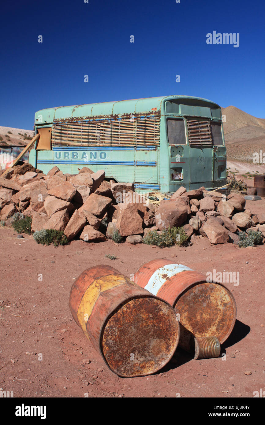 abandoned bus, Machuca, Altiplano, Chile Stock Photo