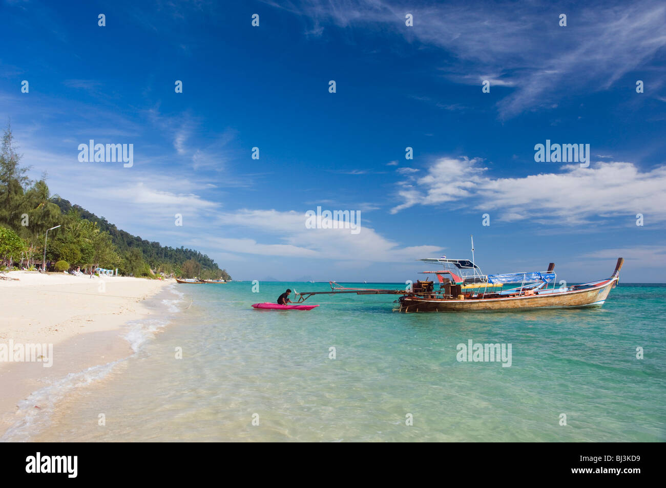 Longtail boat, fishing boat on the beach, Ko Hai or Koh Ngai island, Trang, Thailand, Asia Stock Photo