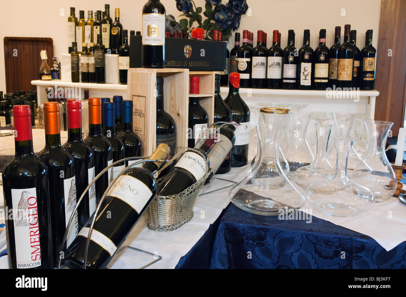 Italian wines at the Belvedere restaurant, Monte San Savino, Tuscany, Italy, Europe Stock Photo