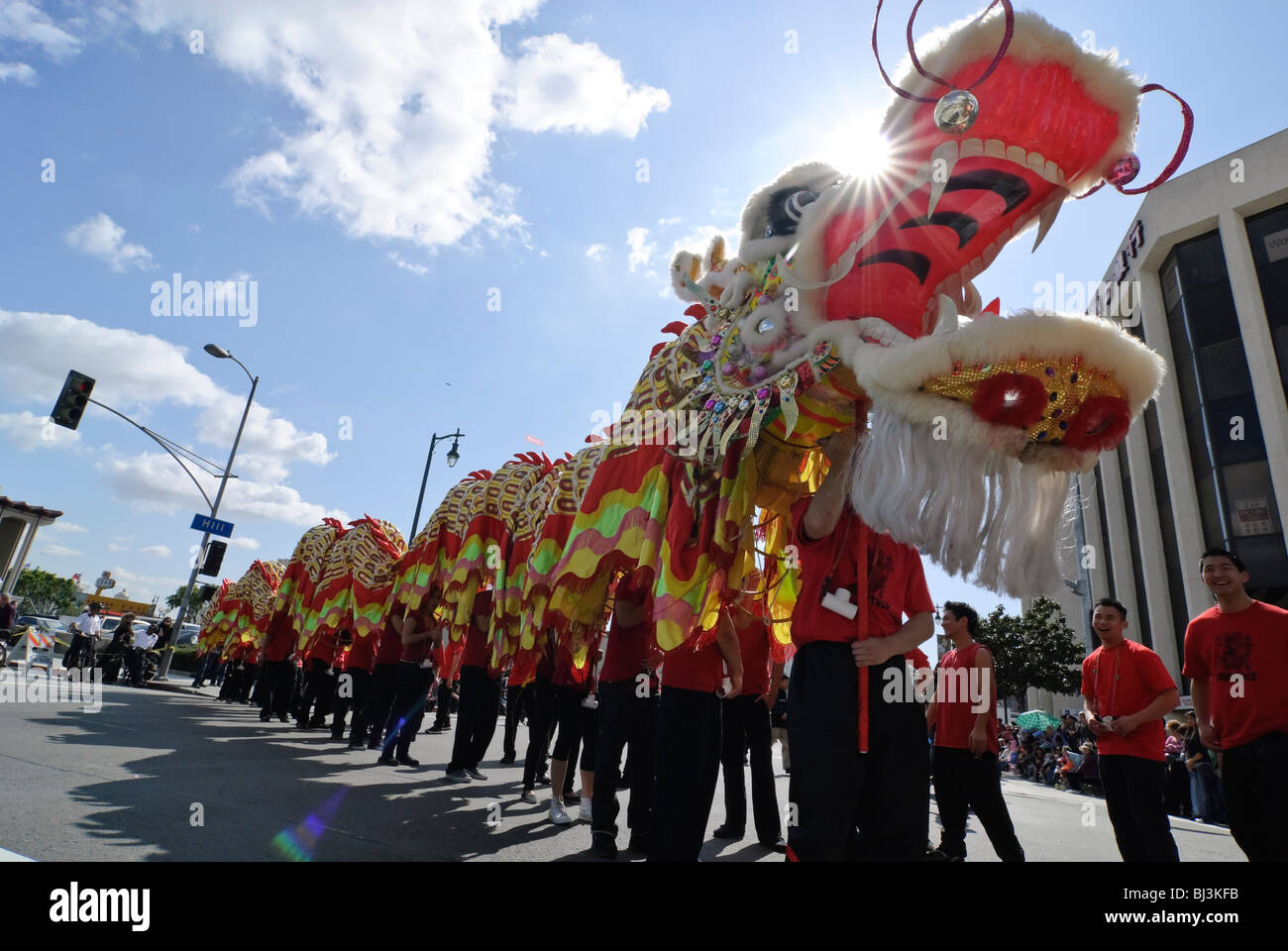 Chinese New Year parade in Chinatown of Los Angeles, California. Featuring Dragons and Lion Dancers. Stock Photo