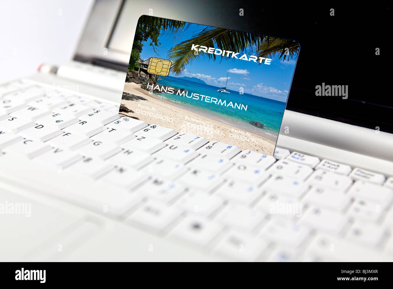Credit card at a PC, notebook, symbolic image for booking holidays