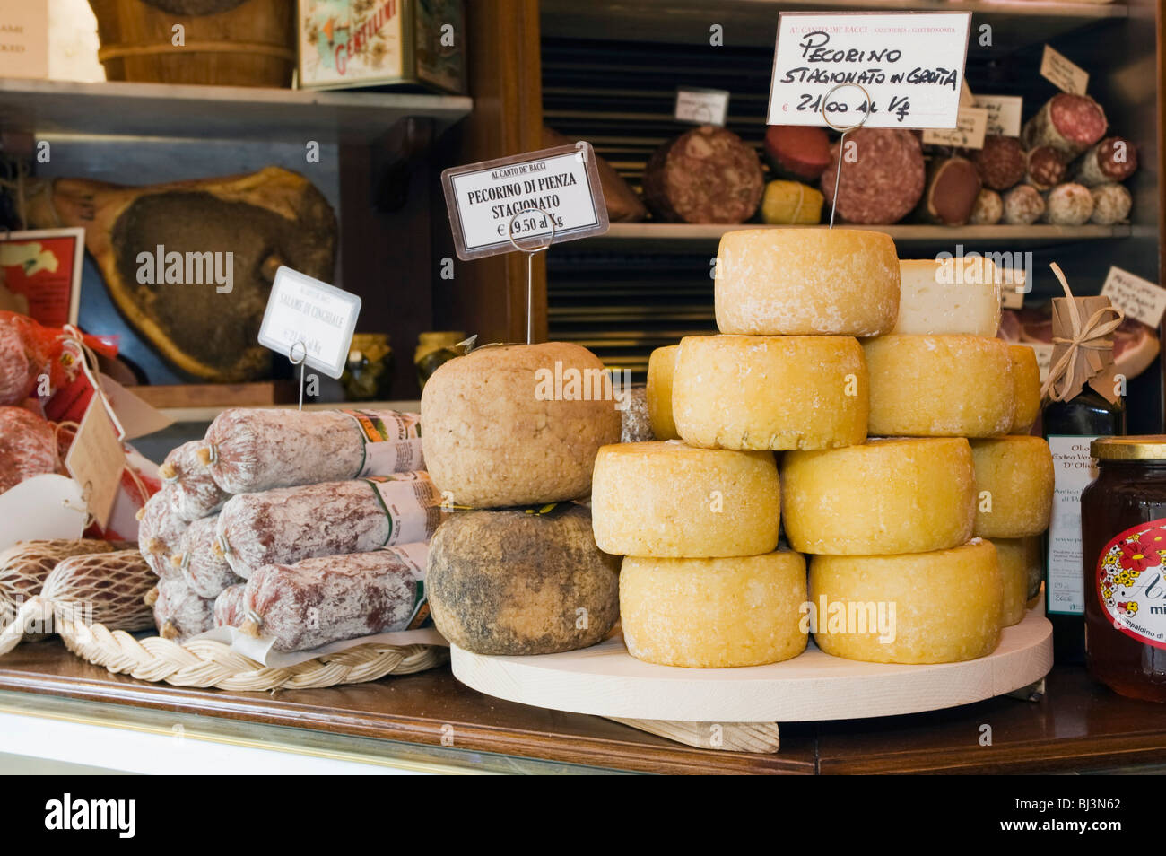 Pecorino cheese in the deli, Canto e De'Bacci Salumeria Gastronomia, Arezzo, Tuscany, Italy, Europe Stock Photo