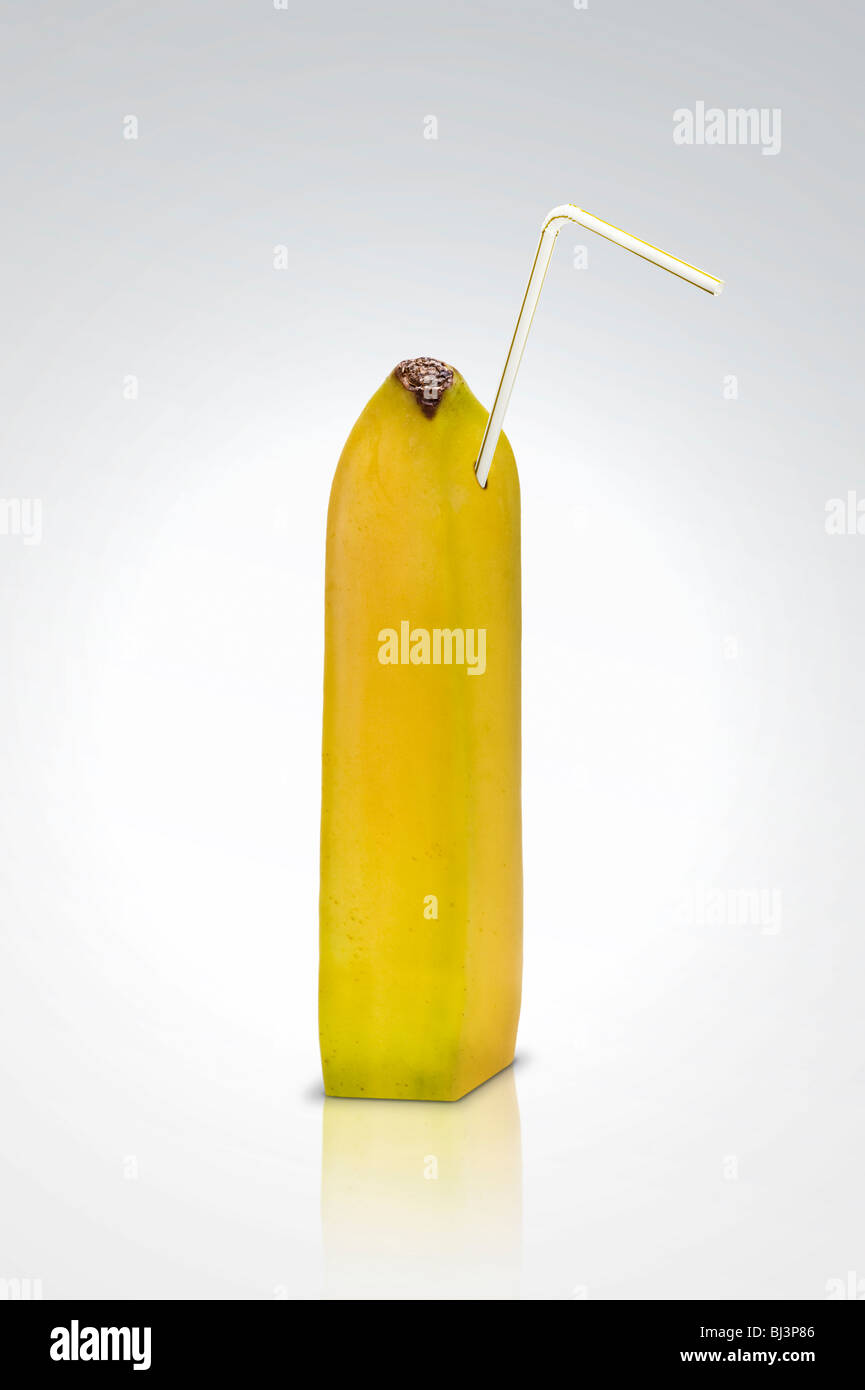 carton shaped banana juice with straw Stock Photo