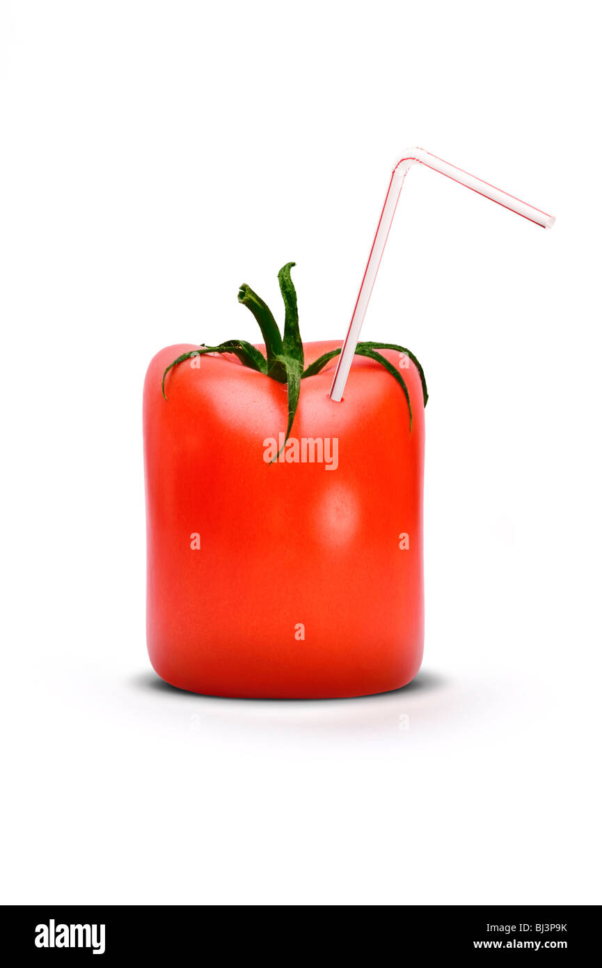 carton shaped tomatoe with straw over white Stock Photo