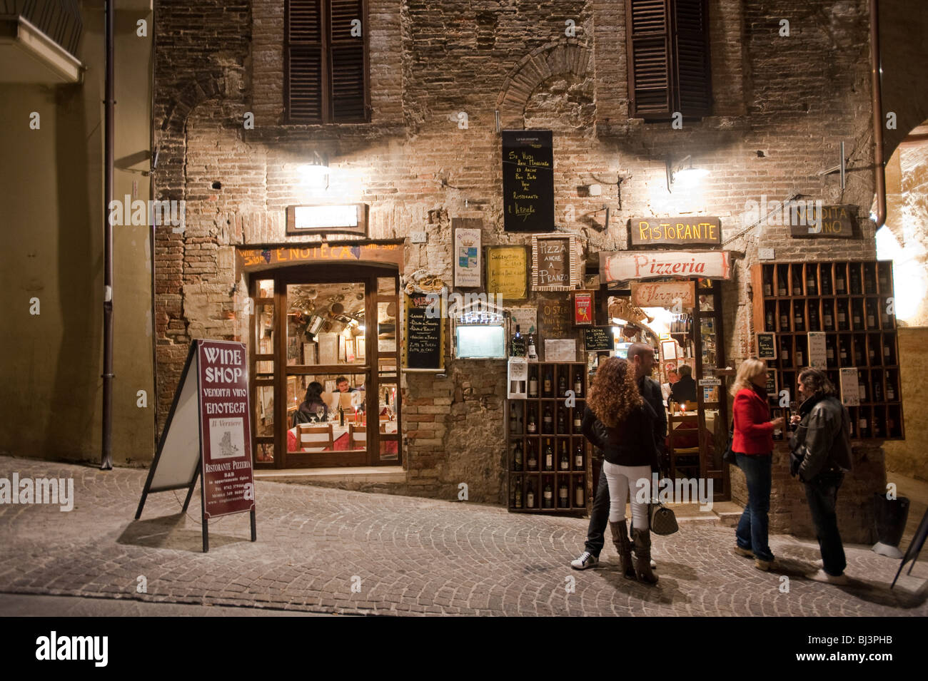 Wine shop and restaurant at night, Montefalco, Umbria, Italy, Europe Stock Photo