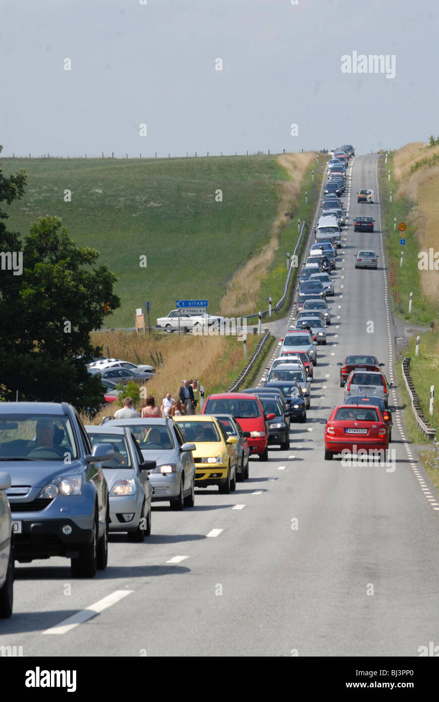 Queue of cars on a straight road, Kivik, Schonen, Schweden, Scandinavia, Europe Stock Photo