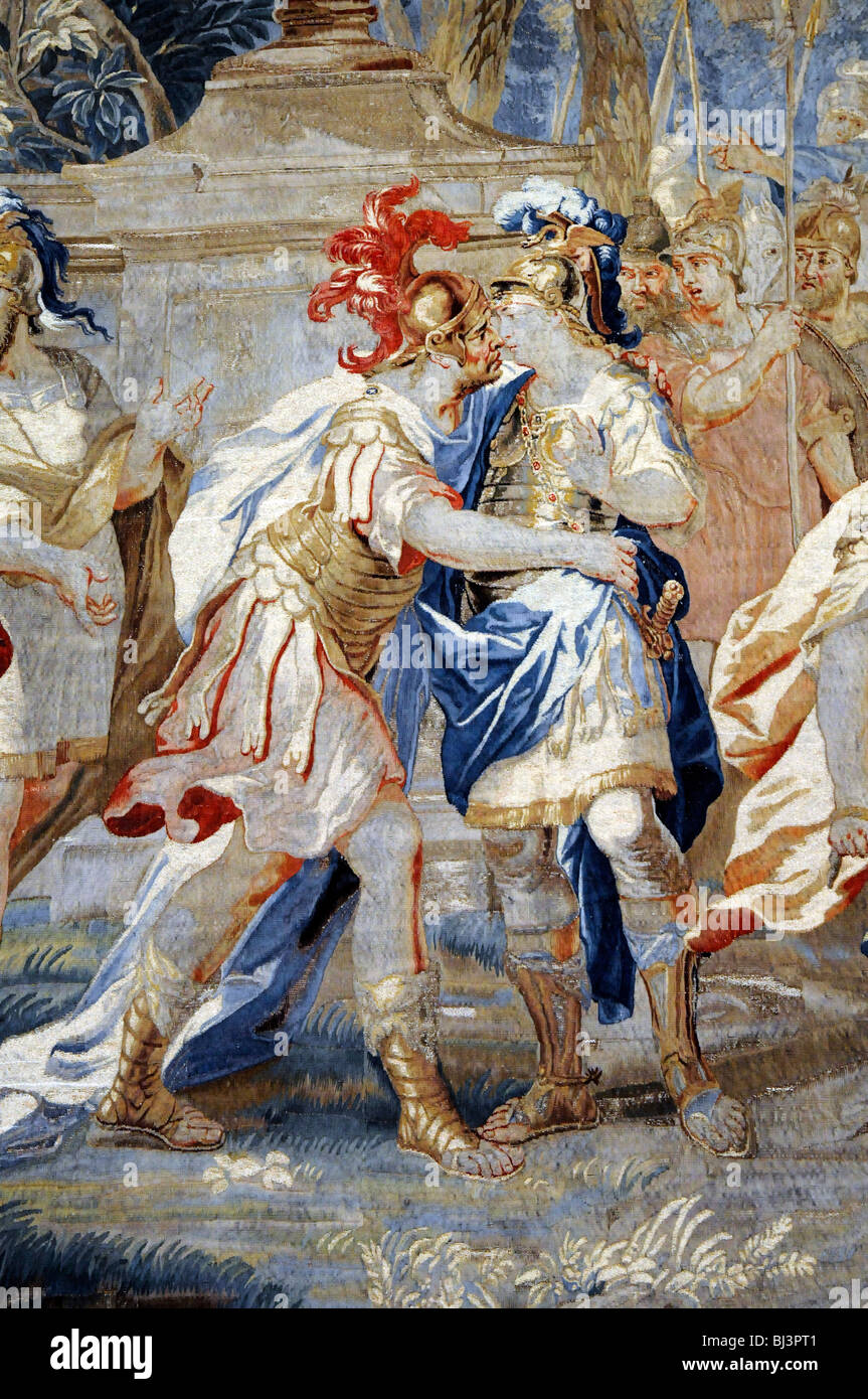Alexander the Great kissing Hephaestion, tapestry at Hampton Court, London, UK Stock Photo Alamy