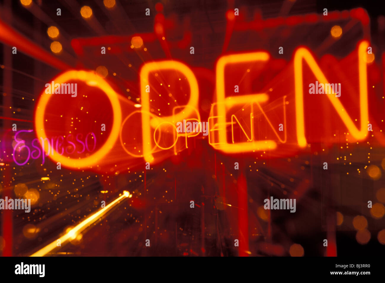 Zoom-blur image of Neon Open sign Stock Photo