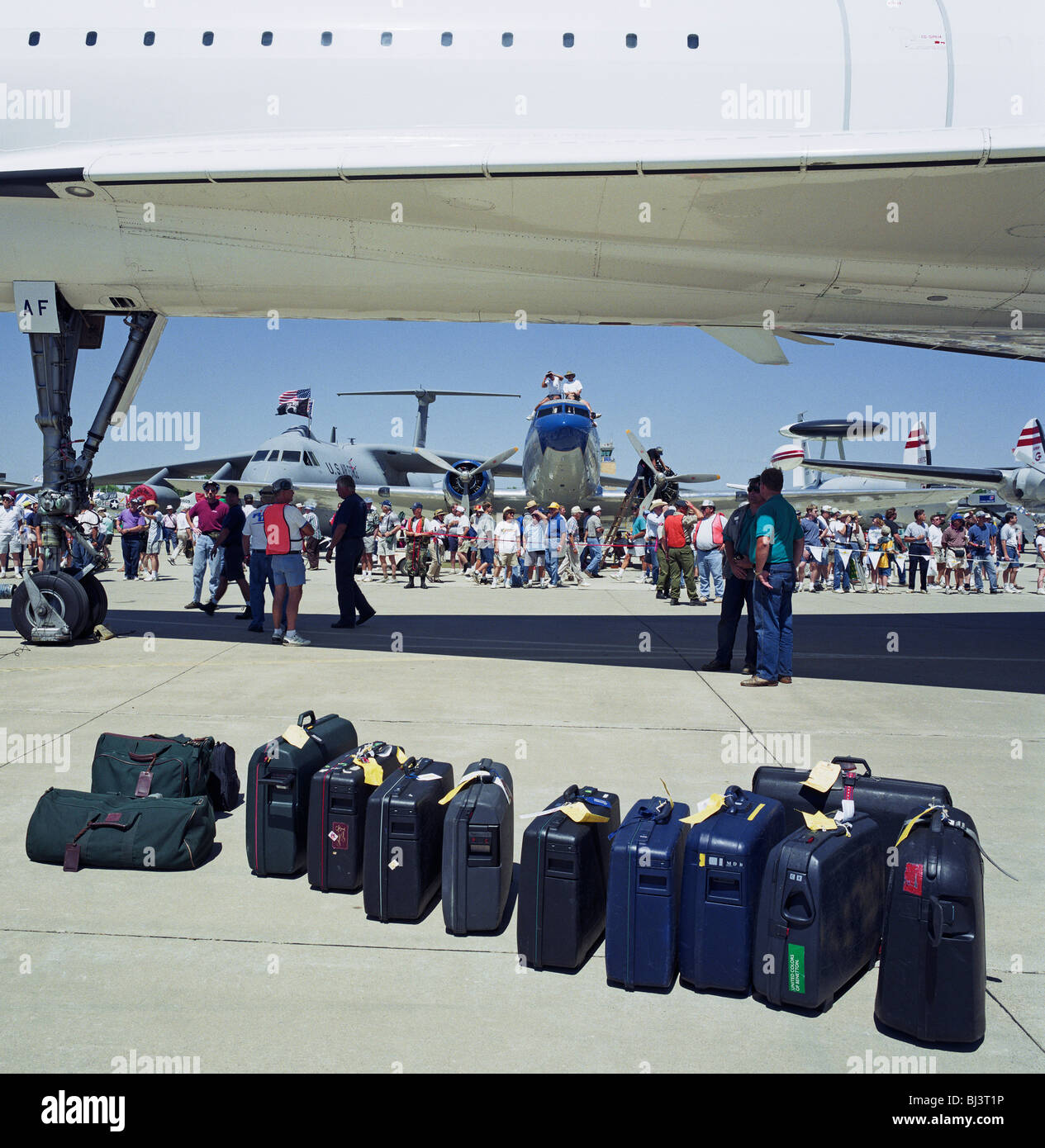 Baggage belonging to a British Airways Concorde crew lined up beneath