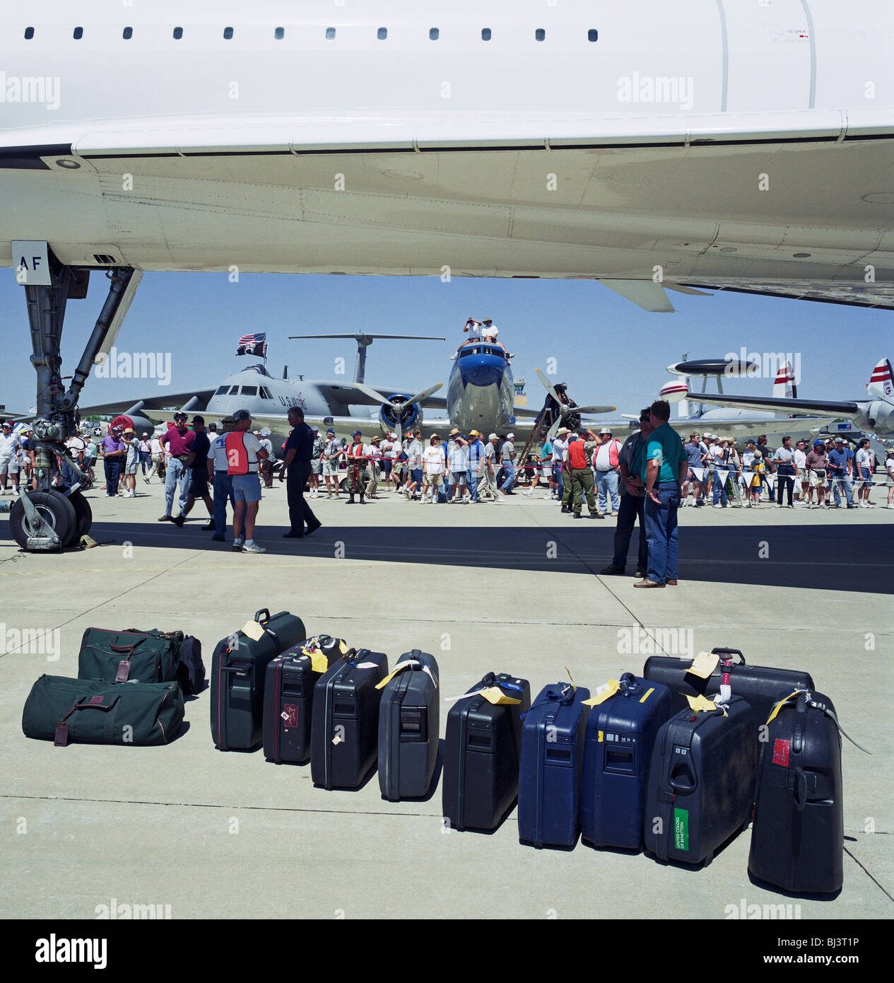 Baggage belonging to a British Airways Concorde crew lined up beneath aircraft at Oshkosh Air Venture, world’s largest air show. Stock Photo