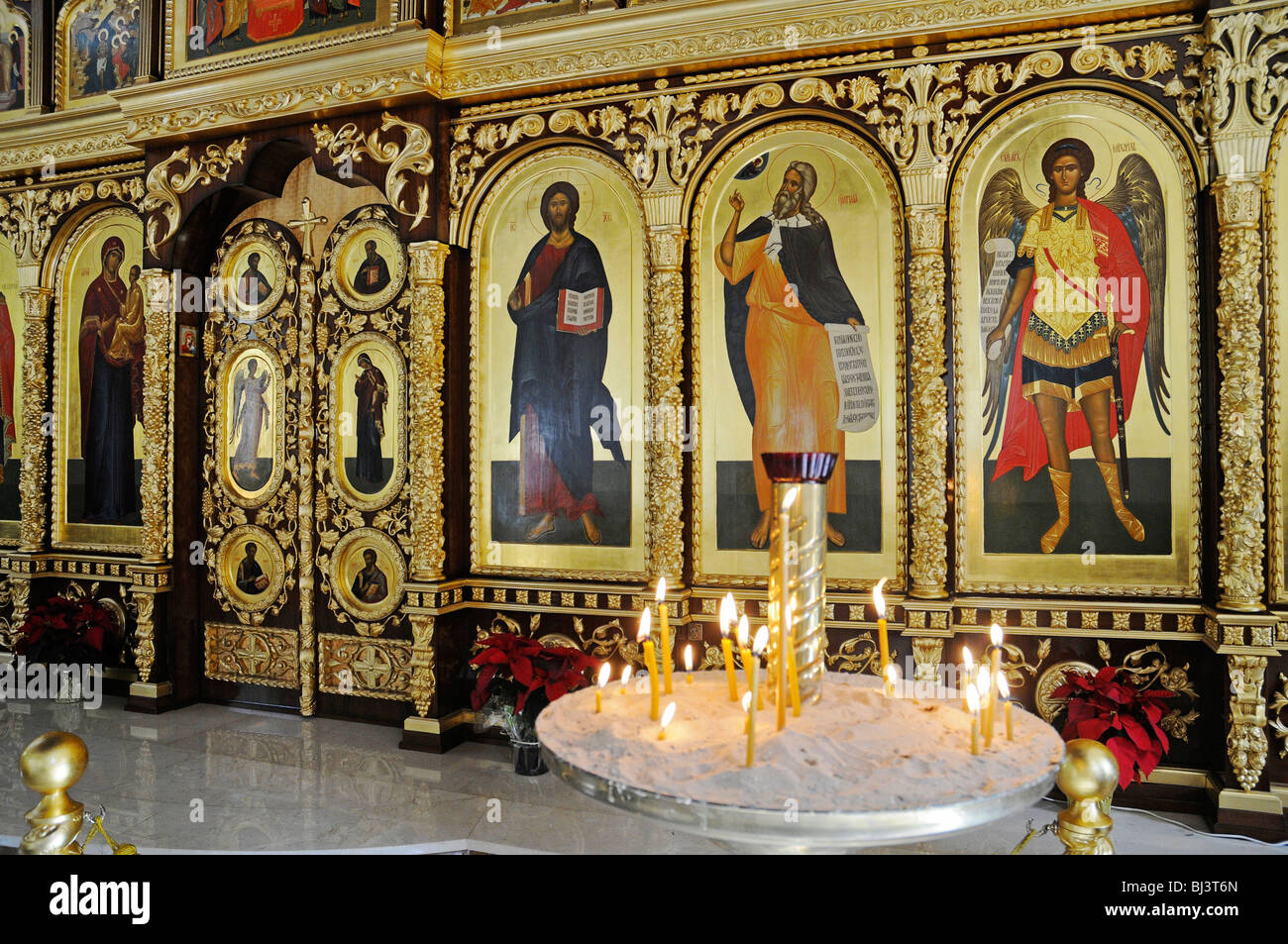 Icons, burning candles, Russian Orthodox Church, Altea, Costa Blanca, Alicante province, Spain, Europe Stock Photo