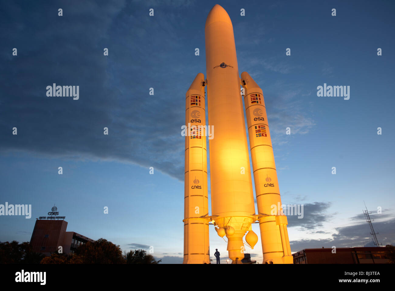 A full-scale model of a 50.5 meter-high European Space Agency's (ESA) Ariane 5 rocket at museum of Guiana Space Centre Stock Photo