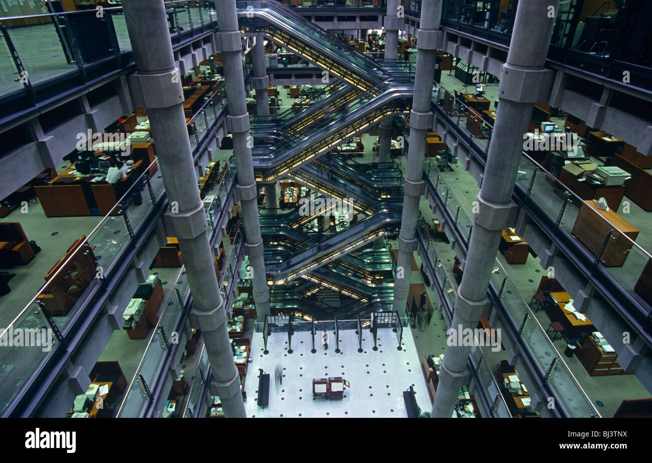 From a high vantage point looking across the atrium of British architect Sir Richard Rogers' Lloyds building Stock Photo