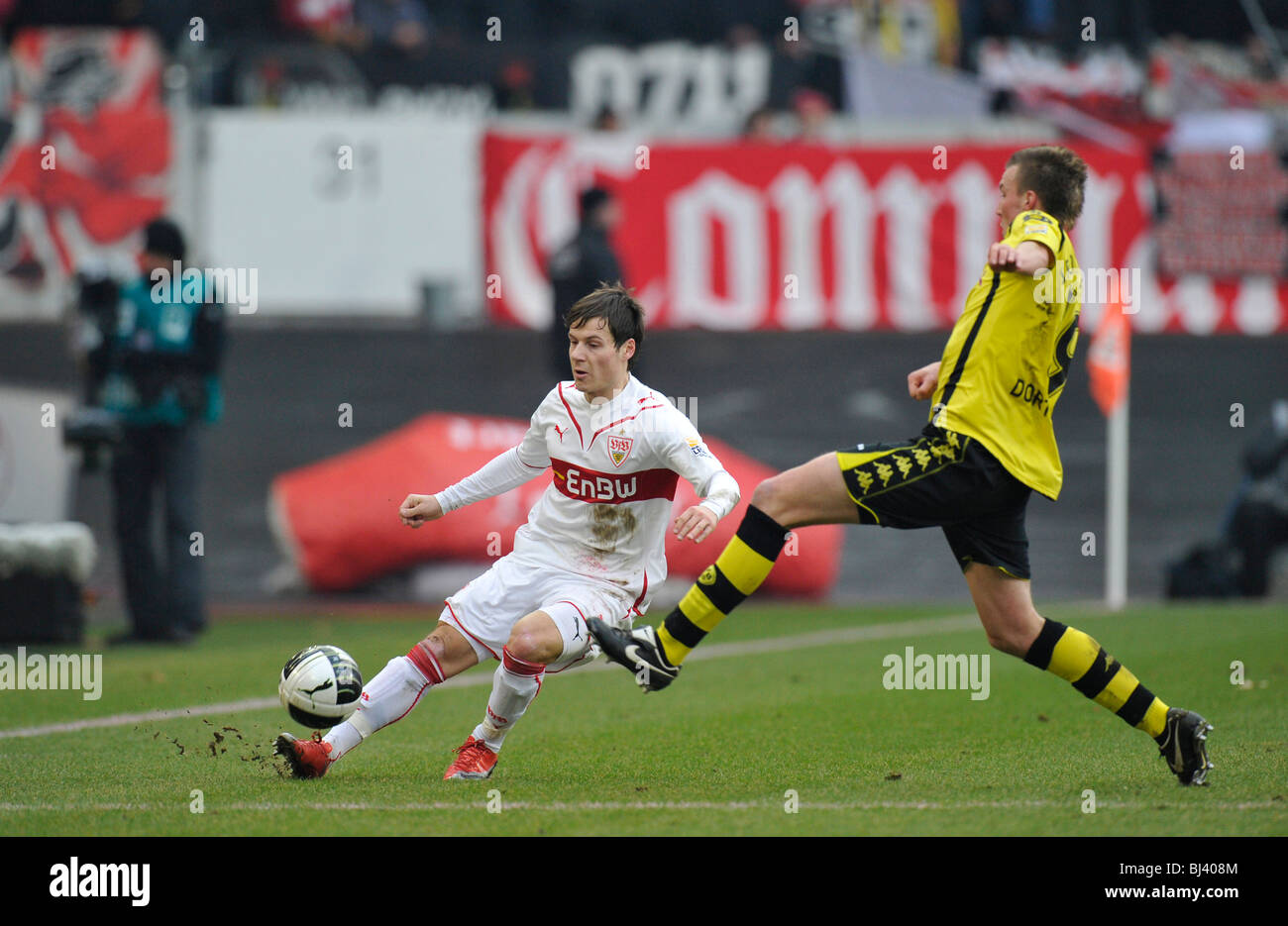 Duel Stefano Celozzi, VfB Stuttgart football club vs. Kevin Grosskreutz, Borussia Dortmund football club, right Stock Photo