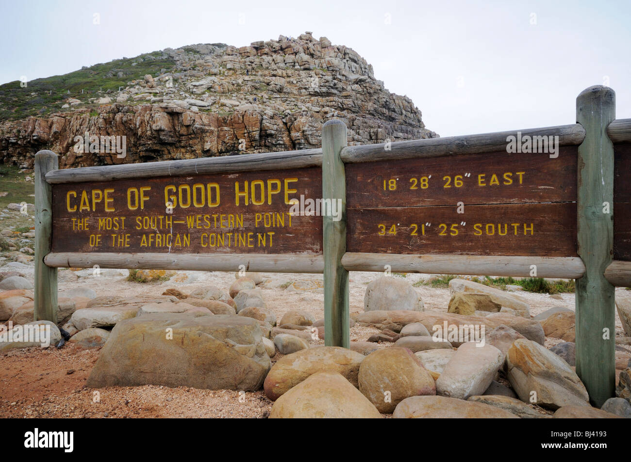 Cape of Good Hope, with a sign indicating the geographical coordinates, Cape Province, South Africa, Africa Stock Photo
