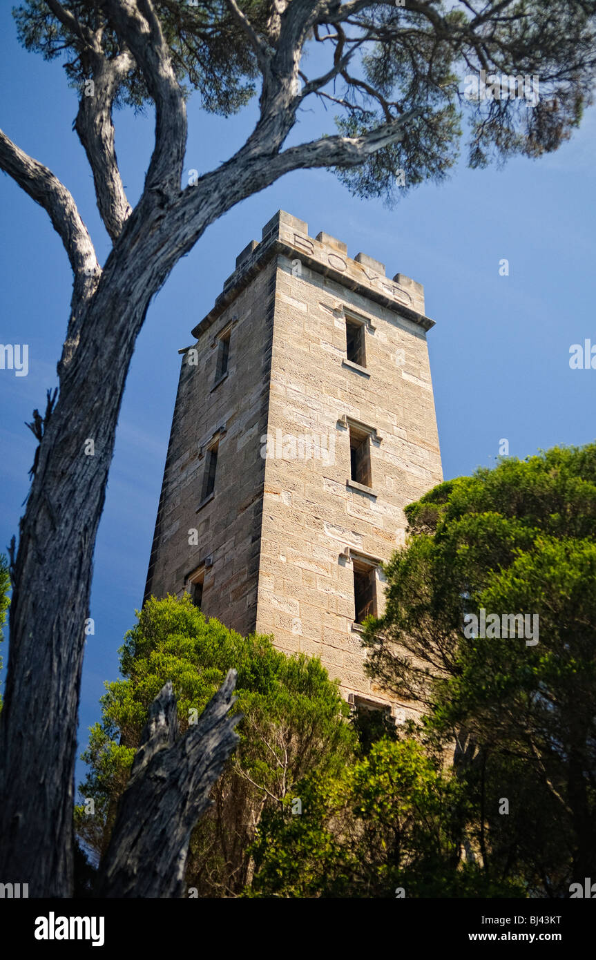 EDEN, Australia — Ben Boyd's Tower, an imposing sandstone structure, stands proudly on the Sapphire Coast in New South Wales. Originally built as a lighthouse in the mid-19th century, the tower now serves as a historical landmark, offering panoramic views of the rugged coastline. Stock Photo