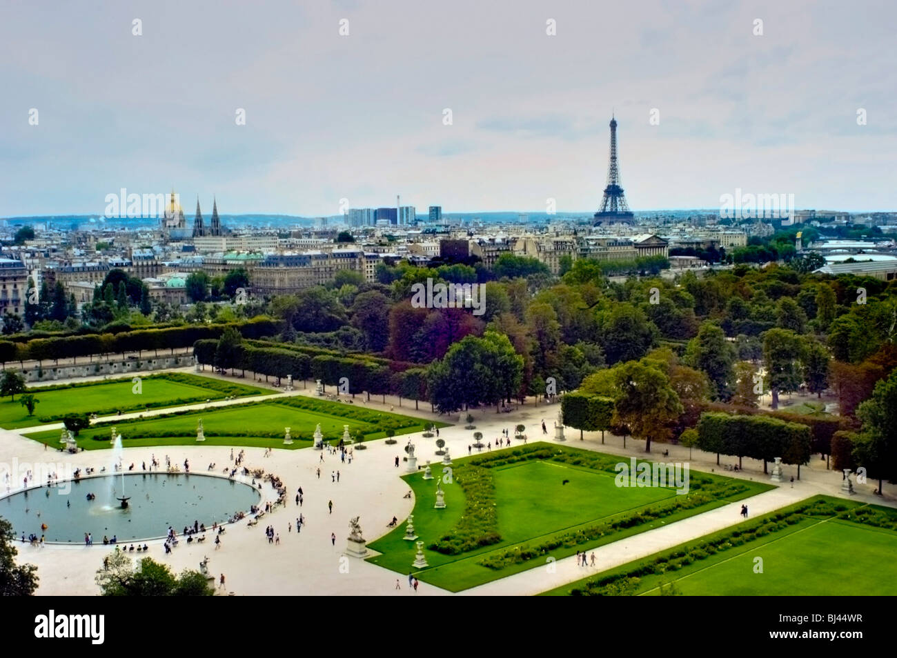 Paris, France - Scenic Overview of Tuileries Gardens, 'Jardin des Tuileries' Aerial View Looking to Fountain and Eiffel Tower Stock Photo