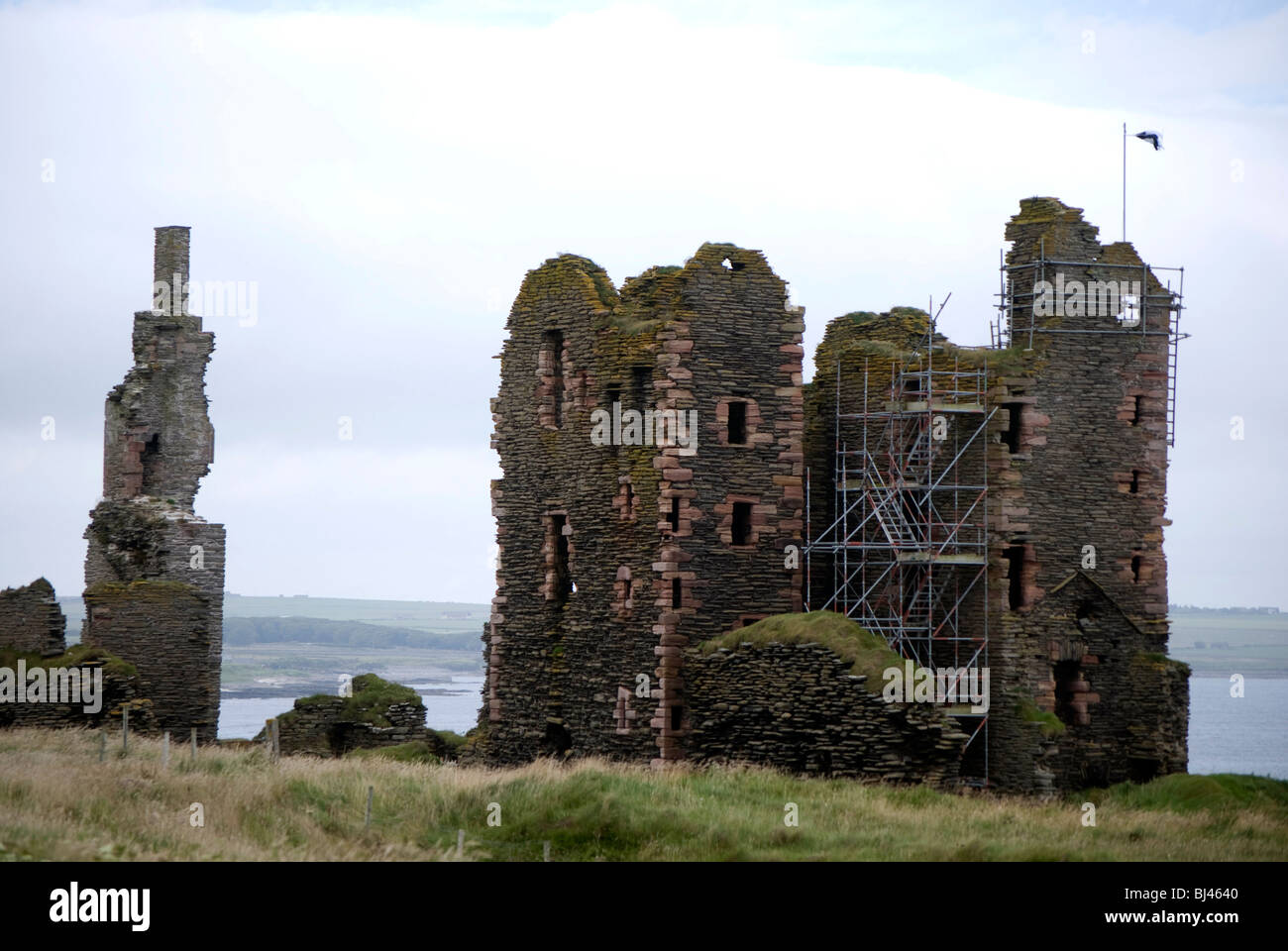 The ruins of Castle Girnigoe and Castle Sinclair near Noss Head and Wick in the north east of Scotland. Stock Photo
