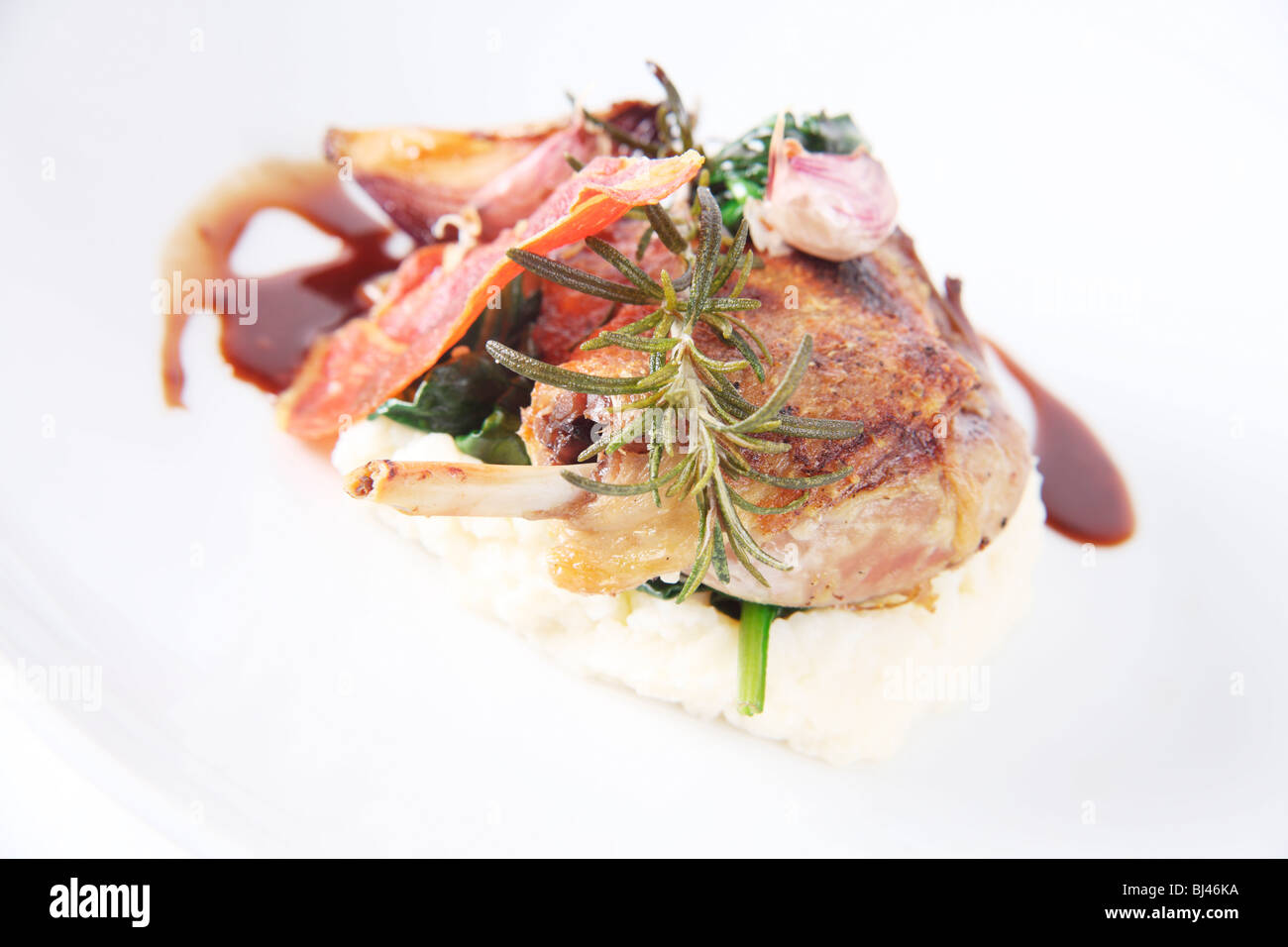 Confit of Duck Leg on a bed of Garlic Mash Stock Photo