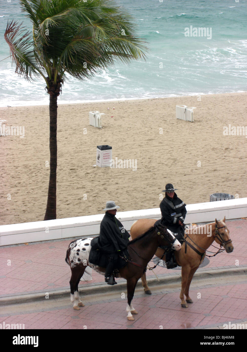 Key West, Florida, USA, horse, police, cop, storm, rain, sea Stock Photo