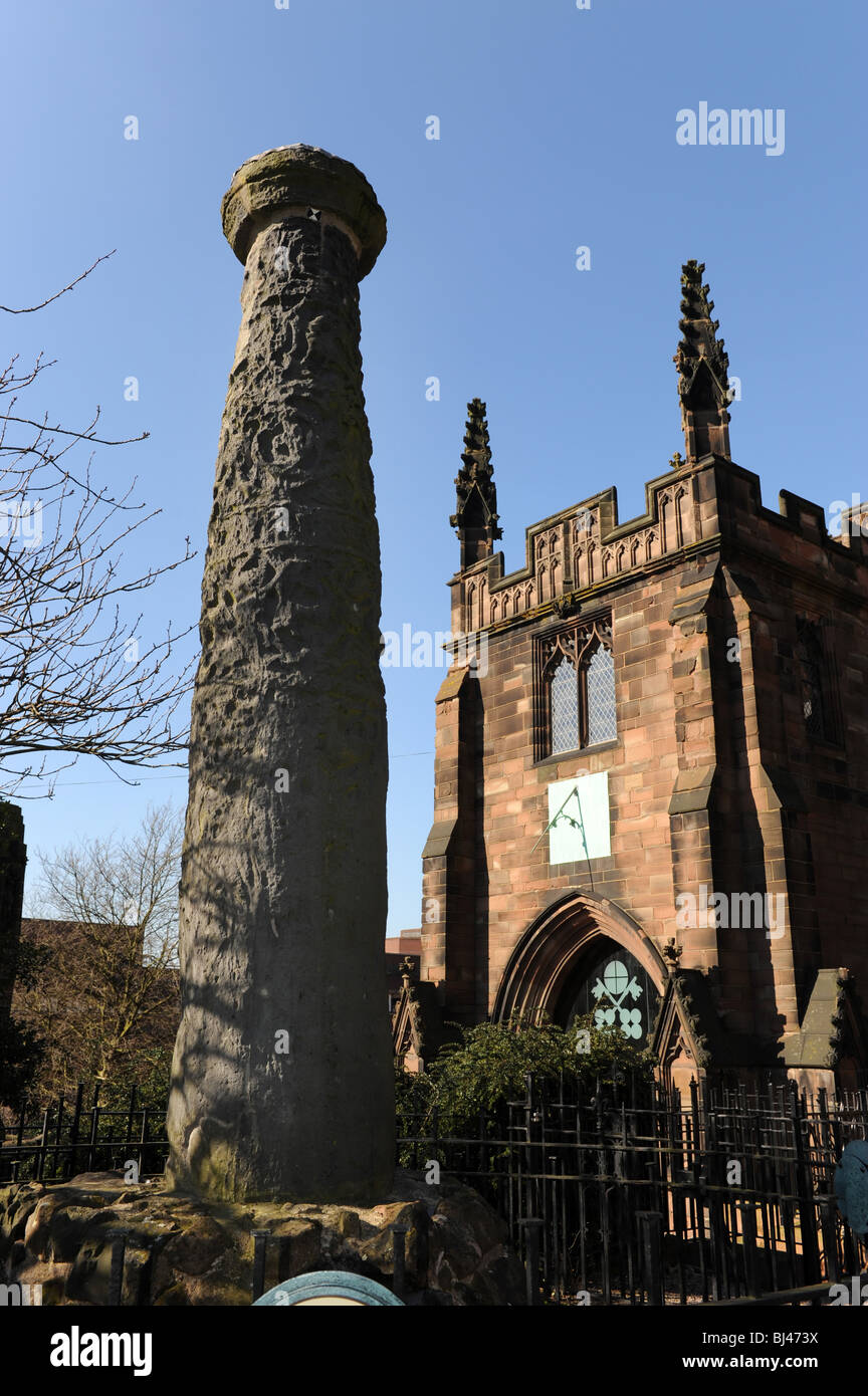 Stone column which is the only remains of Anglo Saxon Monastry in St Peters Gardens Wolverhampton England Uk Stock Photo