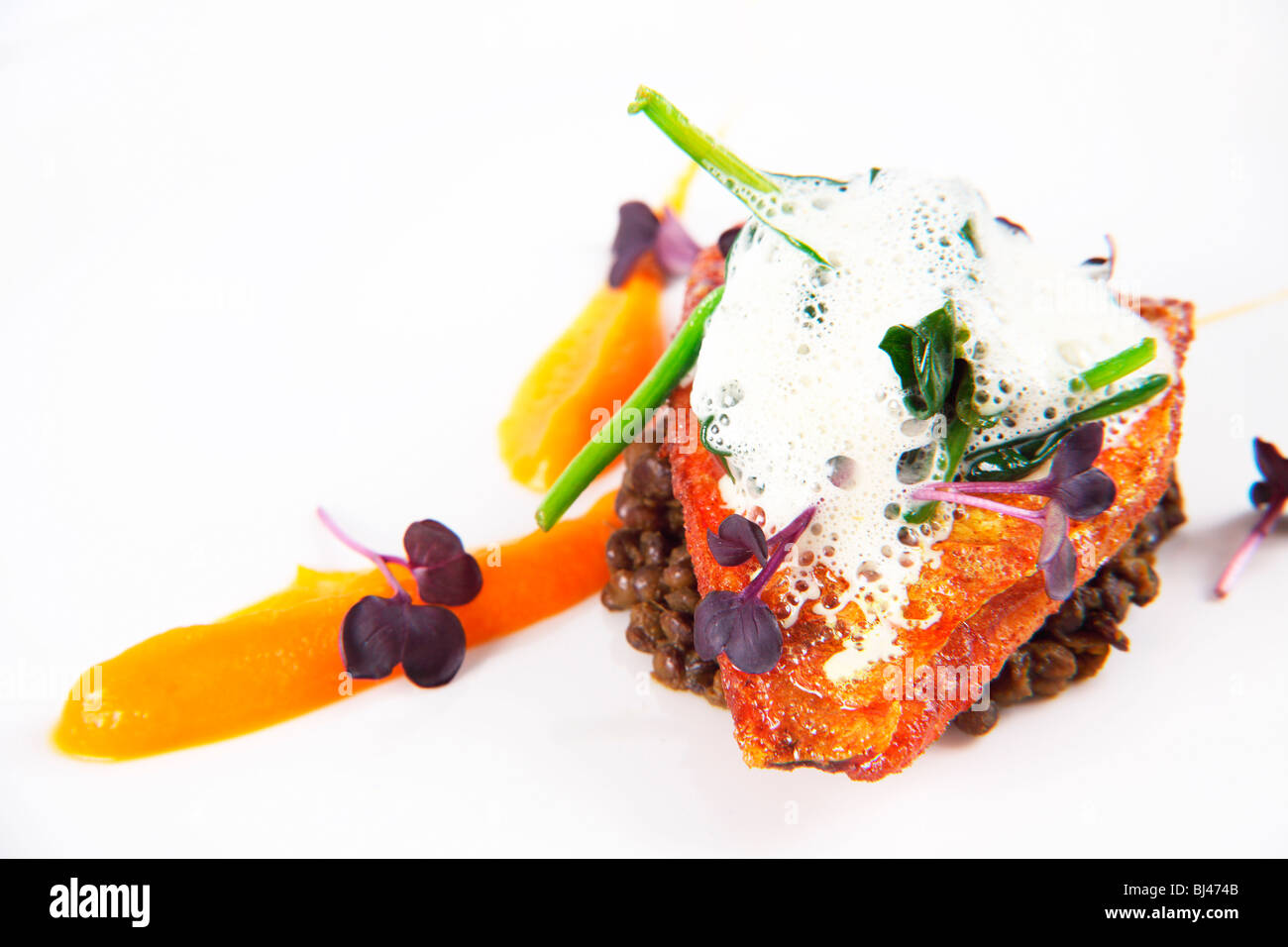 Pan Fried Red Mullet on a Bed of Curried Puy Lentils with Butternut Squash Puree Stock Photo