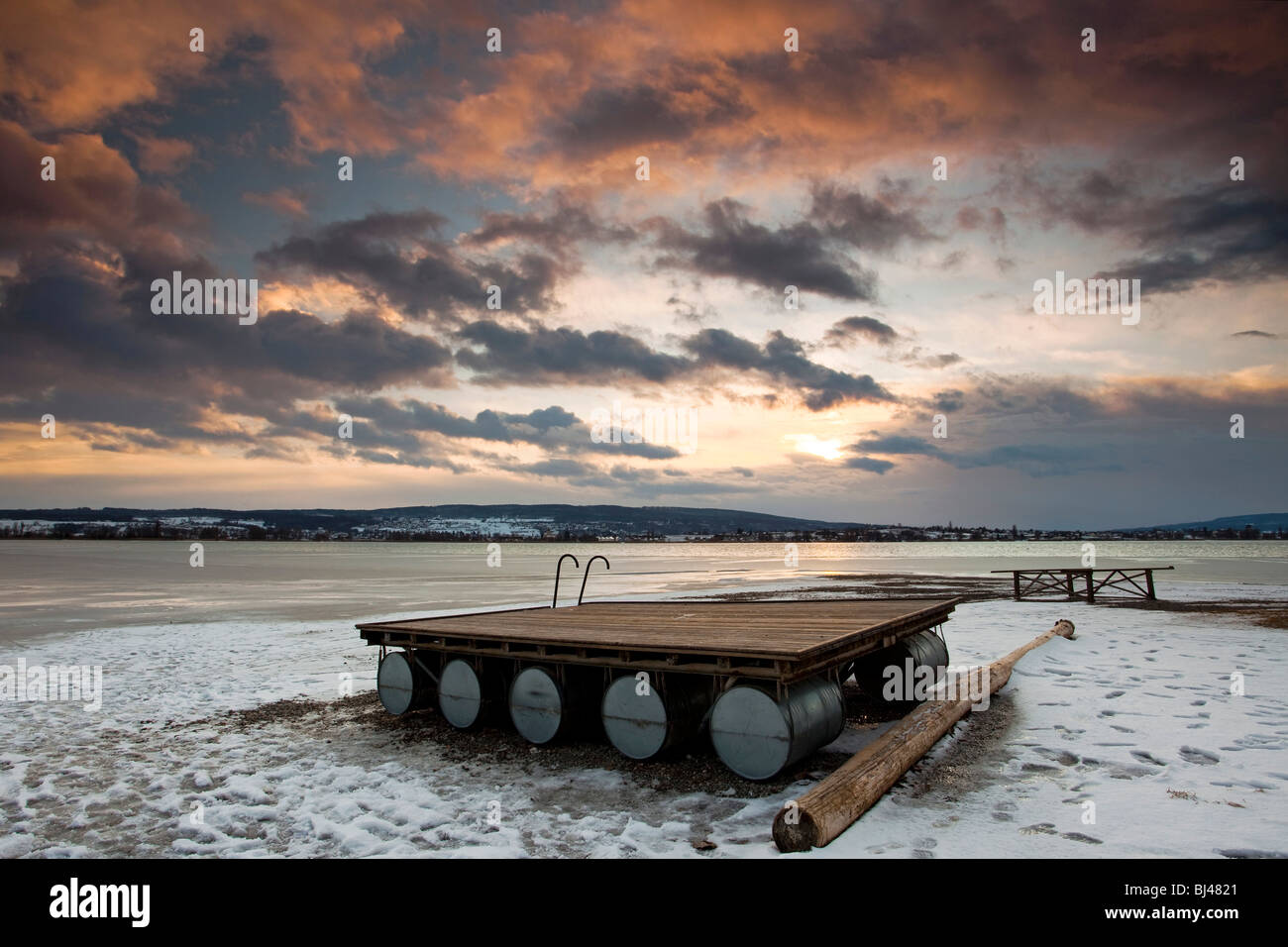 Floating pontoon in winter on Lake Constance, evening, Germany, Europa Stock Photo