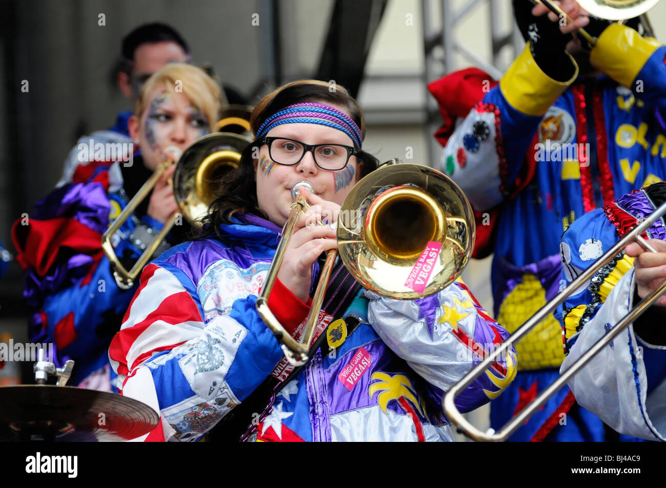 Musician, Tresner Moschtguegeler marching band from Triesen in Liechtenstein, 27. Internationales Guggenmusigg-Treffen 2010 fes Stock Photo