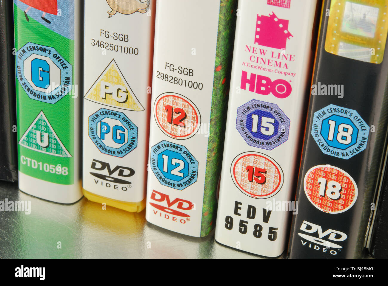 Five DVD box spines showing film age classifications: U, PG, 12, 15, 18  Stock Photo - Alamy