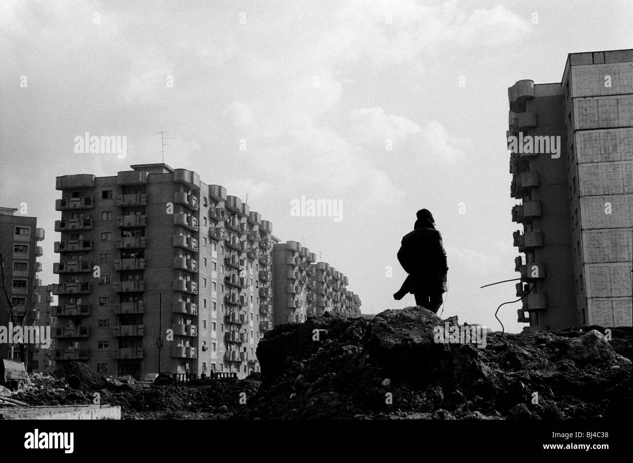 Mud and rubble in suburb of Bucharest. Romania. February 1990 Stock Photo