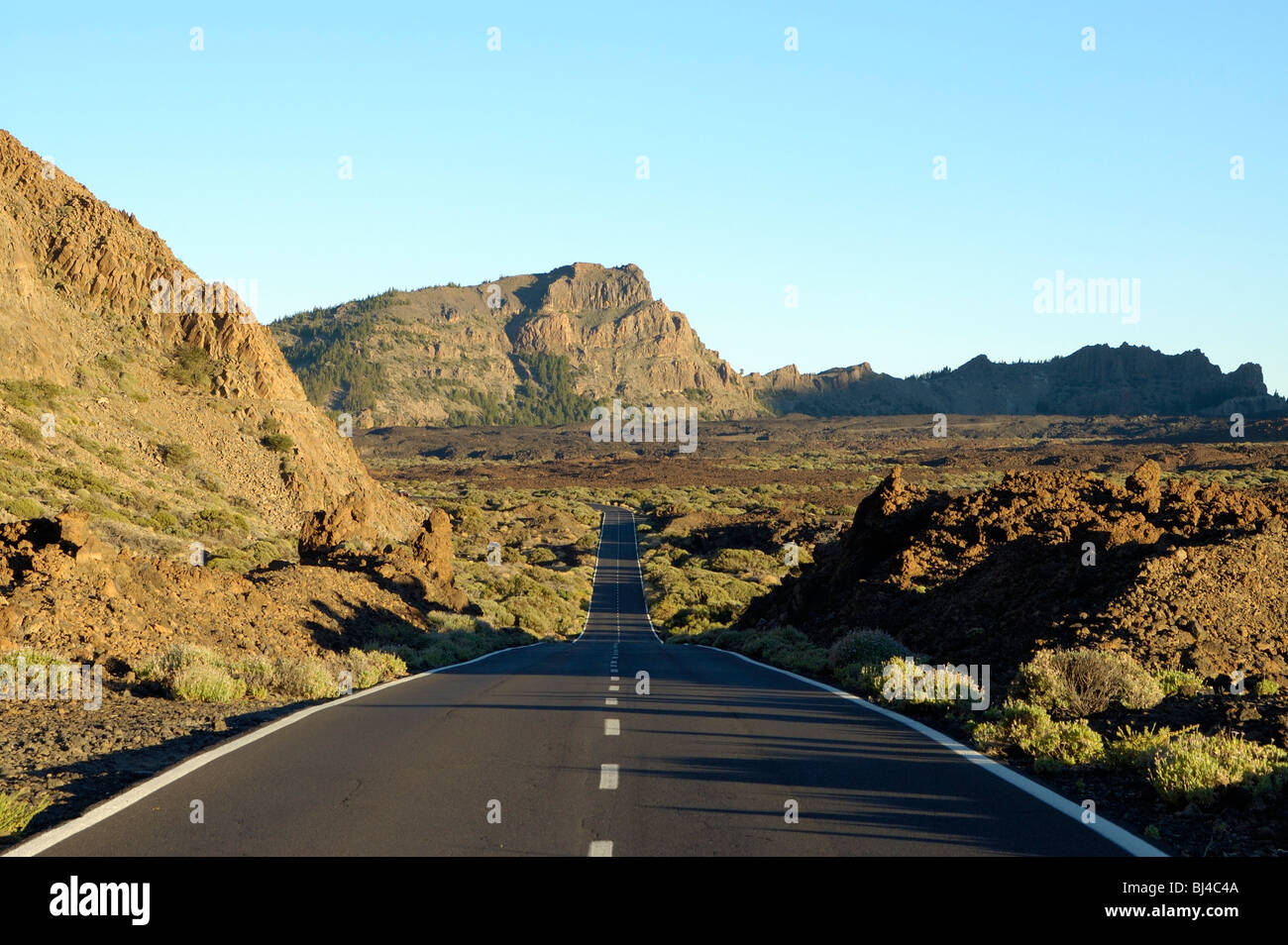 Spain, Canary Islands, Tenerife Teide National Park, volcano landscape with road Stock Photo