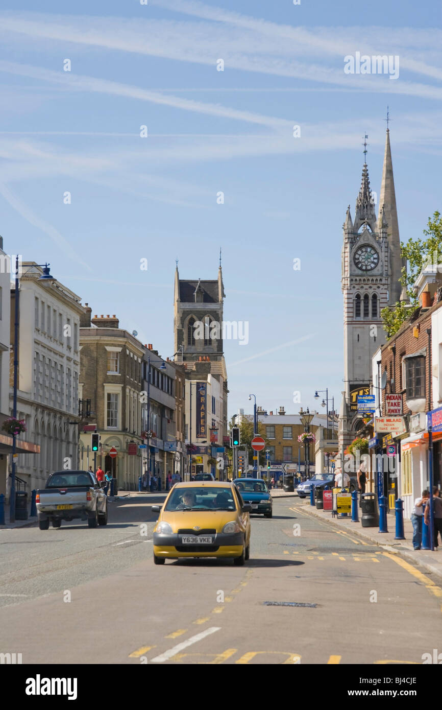 Milton Road with the town's clock tower, Gravesend, Kent, England