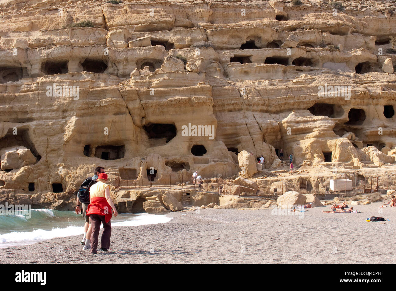 Prehistoric cave dwellings in Matala, Crete, Greece, Europe Stock Photo