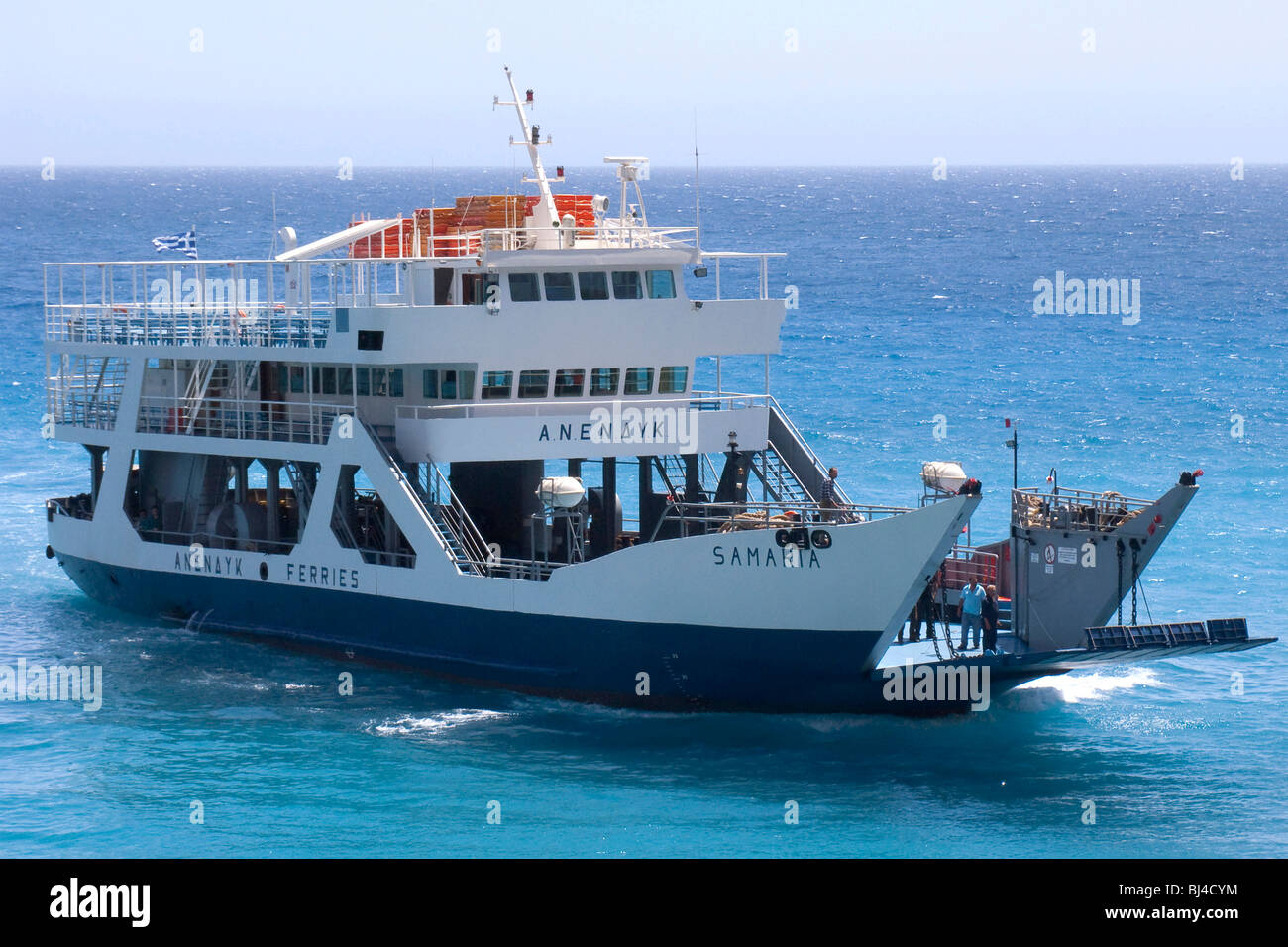 Ferry Paleochora - Agia Roumeli - Loutro to the Samaria Gorge about to dock in Agia Roumeli, Crete, Greece, Europe Stock Photo