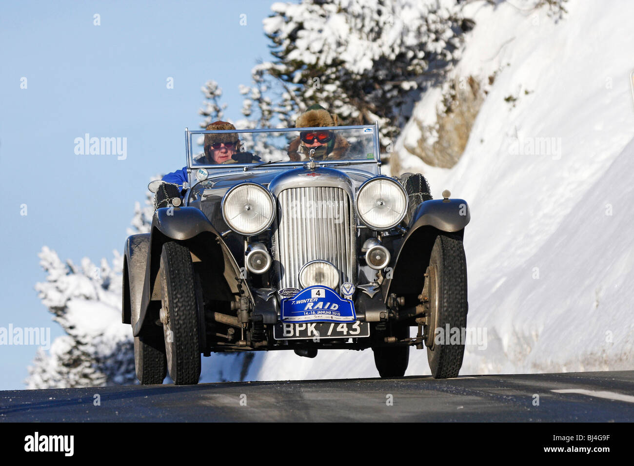 Lagonda M 4.5 Rapide, built in 1934, Winter Raid 2010 classic car rally, Ofenpass, Switzerland, Europe Stock Photo