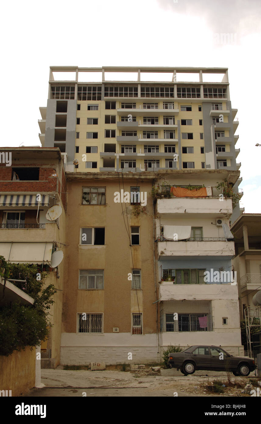 Contrast poverty-modernity in the center of Saranda. Republic of Albania. Stock Photo