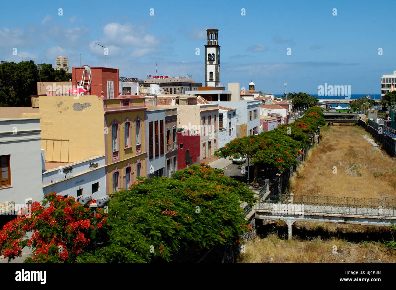 Spain, Canary Islands, Tenerife Santa Cruz, Barranco de Santos and churchtower N.S. de la Concepcion Stock Photo