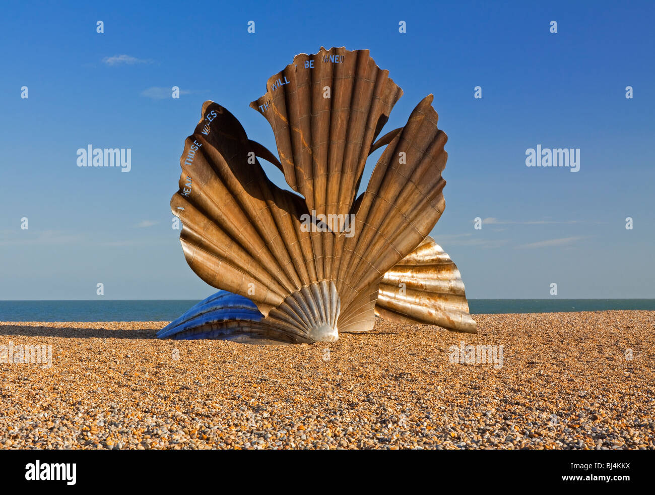 The Scallop sculpture on Aldeburgh beach Suffolk UK by Maggi Hamblin dedicated to composer Benjamin Britten and created in 2003 Stock Photo