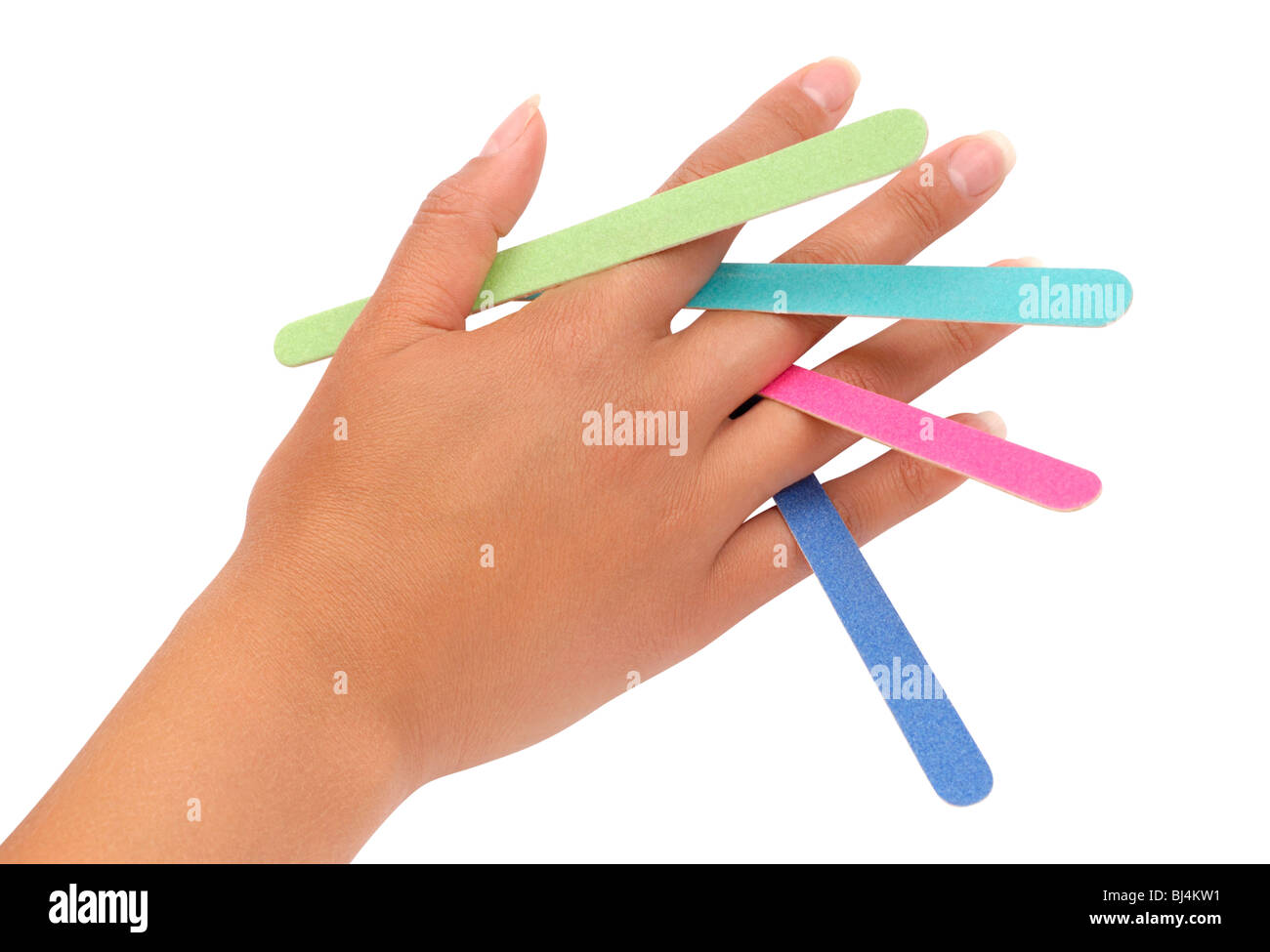 Female hand with colorful emery board set - isolated silhouette on white background with a clipping path Stock Photo