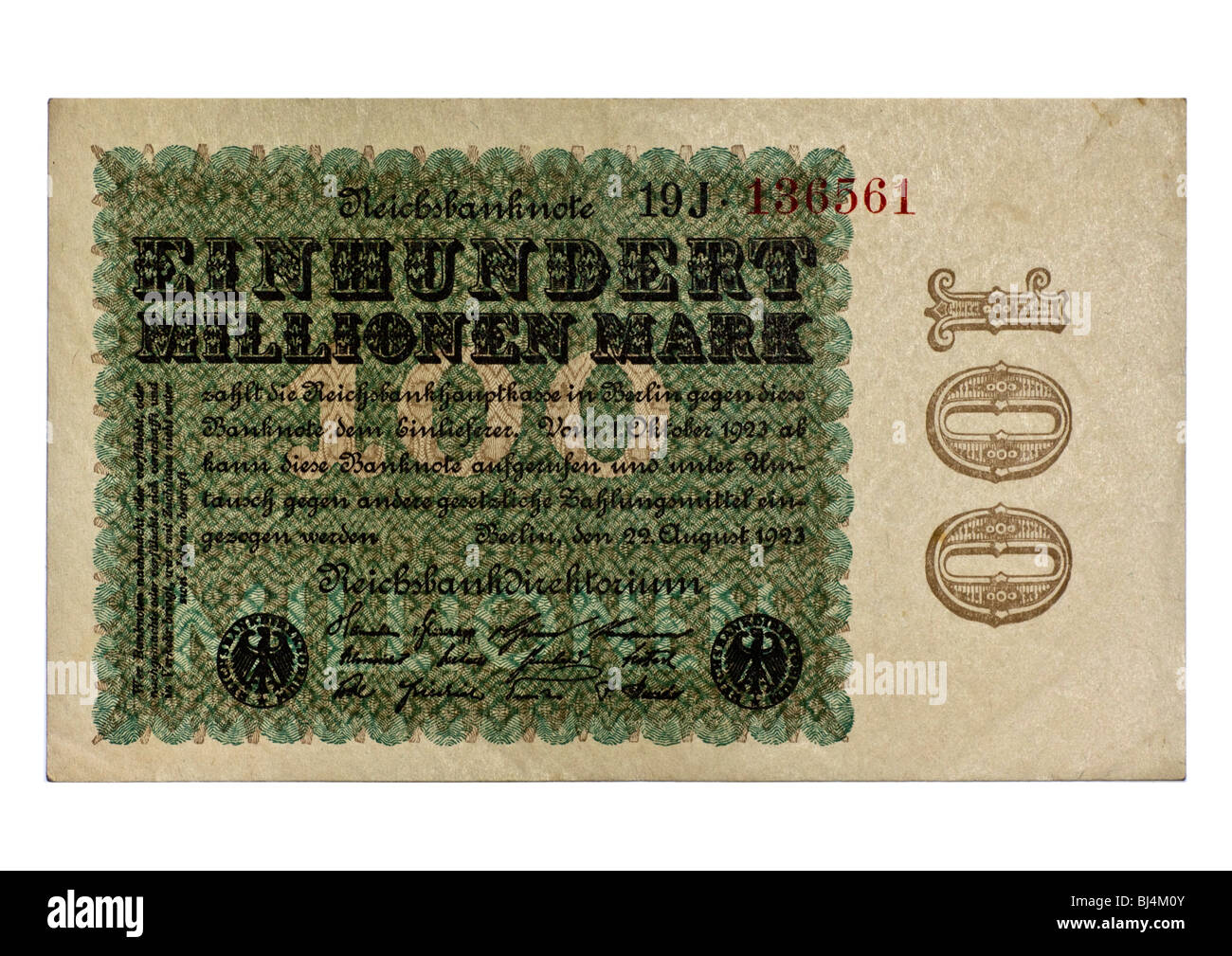 Front of a Reichsbanknote bill of the Central Bank over 100 million marks, Berlin, Germany, August 22nd 1923 Stock Photo