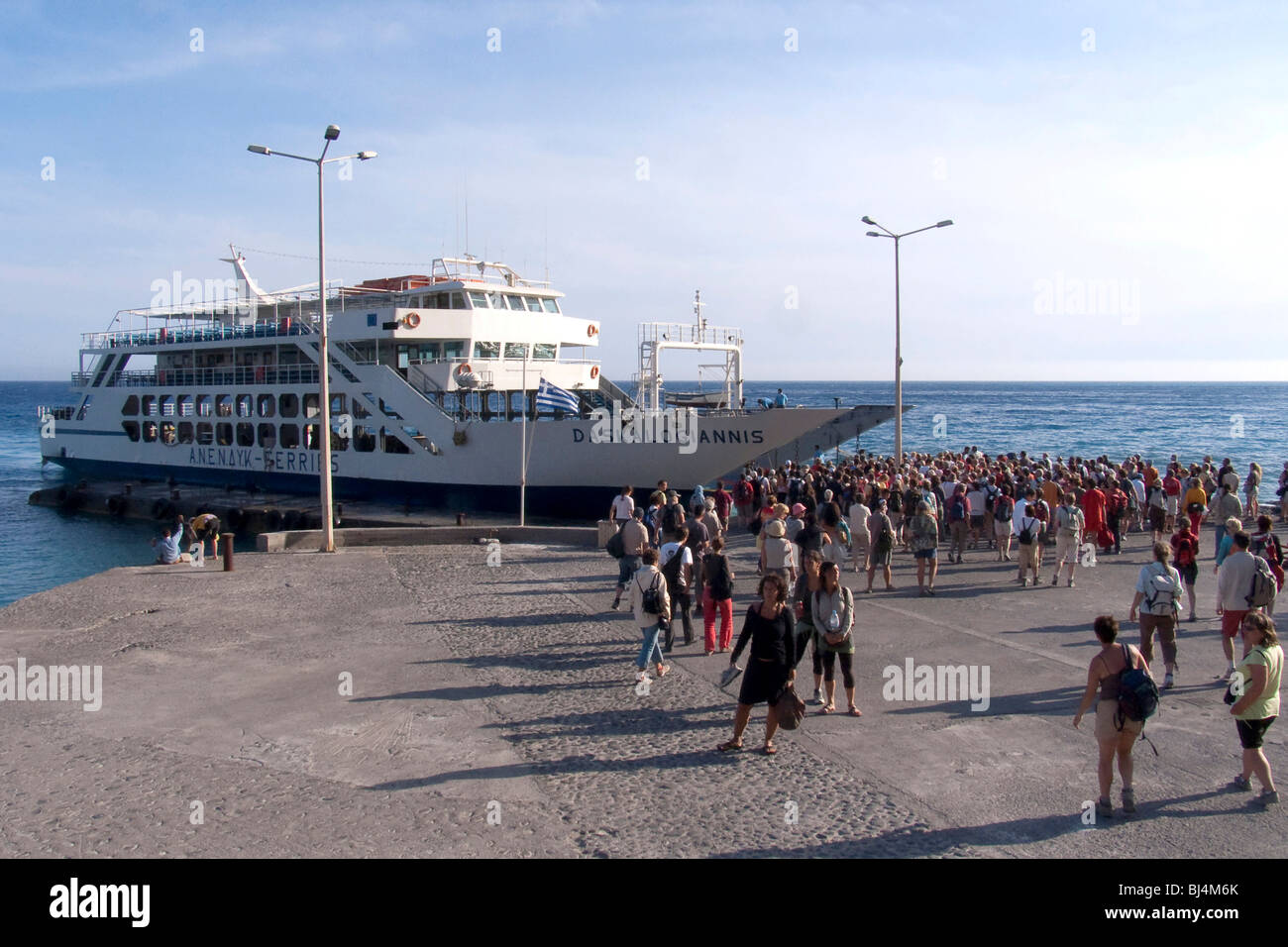 Ferry Paleochora - Agia Roumeli - Loutro to the Samaria Gorge about to dock in Agia Roumeli, Crete, Greece, Europe Stock Photo