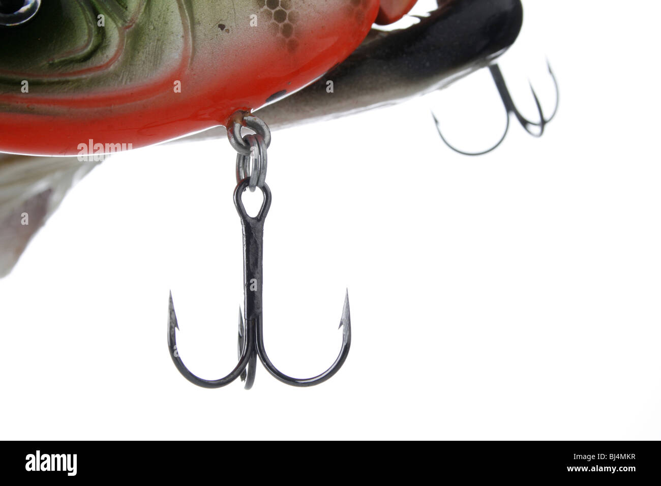 barbed hook on pike fishing lure cutout image white background Stock Photo